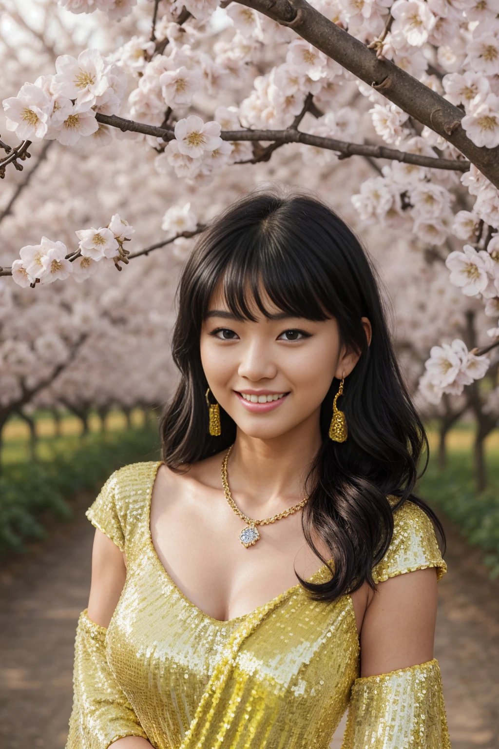 Half-length glamour portrait, nikon D850, f1.6 lens, 200mm, DSLR, 22 Megapixels, (((Blossoming orchard scene))), shot of a stunning 19 years old korean girl, (smile:1.4), (wearing Yellow asymmetrical sequin evening gown with voluminous sleeves:1.6), ((seductive pose)), hot girl, (((big natural breasts))), (((black fringe hair))), (small girl), symmetrical face, photorealistic, photography, (bright natural lighting), gorgeous, deep cleavage, (masterpiece), best quality, high resolution, extremely detailed, cinematic lighting, (((very narrow waist))), rich colors, hyper realistic, lifelike texture, ((jewelry)), (((She has beautiful hands and wears rings))), (bracelet), (necklace), (ankle chain), (nail polish) (earrings), Fuji Superia 200, 8k