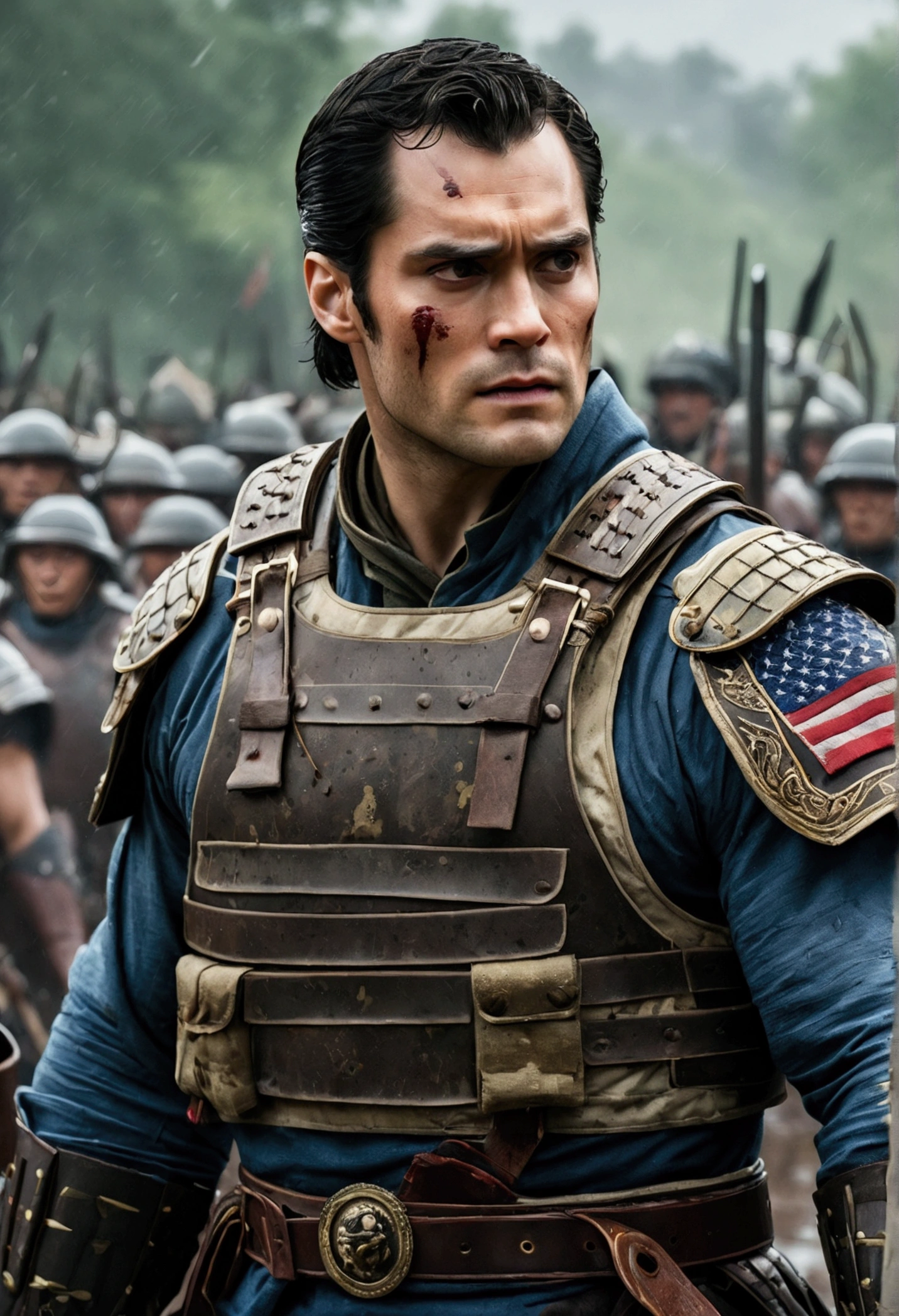 o ator Henry Cavill, fighting on the war front, rainy day in a multicam military uniform, wearing a Plate Carrier ForHonor American flag vest, with a military knife. scar on left cheek.
(best quality, 4K, Cao Cao, master part:1.2), ultra detali, (Realistic, photorrealistic, photo-realistic:1.37), HDR, uhd, studio lighting, extreme detail description, proffesional, vivid colors, bokeh, portraite.