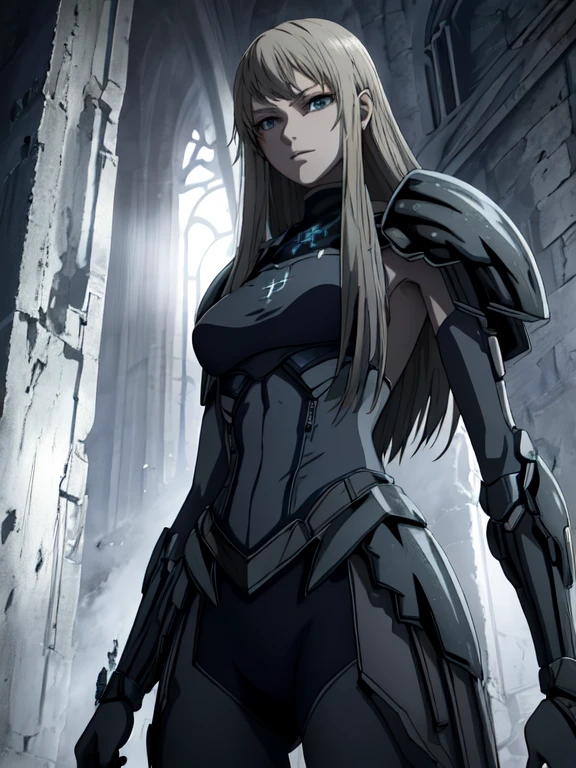 city ruins， A high resolution, (masterpiece:1.4), A very detailed, 1 girl, from below, space,They are standing, wear armor, sharp focus, (cinematic lighting), (1 girl), slight smile，The 5 fingers on each hand are super detailed，Perfect body type：1.4，premium，natural light，extremely delicate，official art，posing in a，