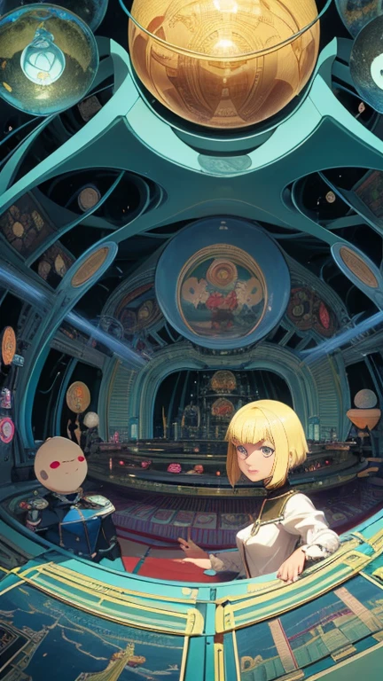 Chris Judge, Alois Carigiet, Kay Nielsen, Antonio Rubino, Heath Robinson, Luigi Serafini, surrealism, mysterious, bizarre, fantastical, fantasy, Sci-fi fantasy, anime, Alice, a beautiful blonde mini-skirt girl who gets lost in a pachinko machine, perfect voluminous body, runs to avoid a giant pachinko ball, perspective, dynamism, detailed masterpiece low high angles perspectives Hyper realistic cute sharp focus coquettish happy embarrassing shy blushing real zoom in close up