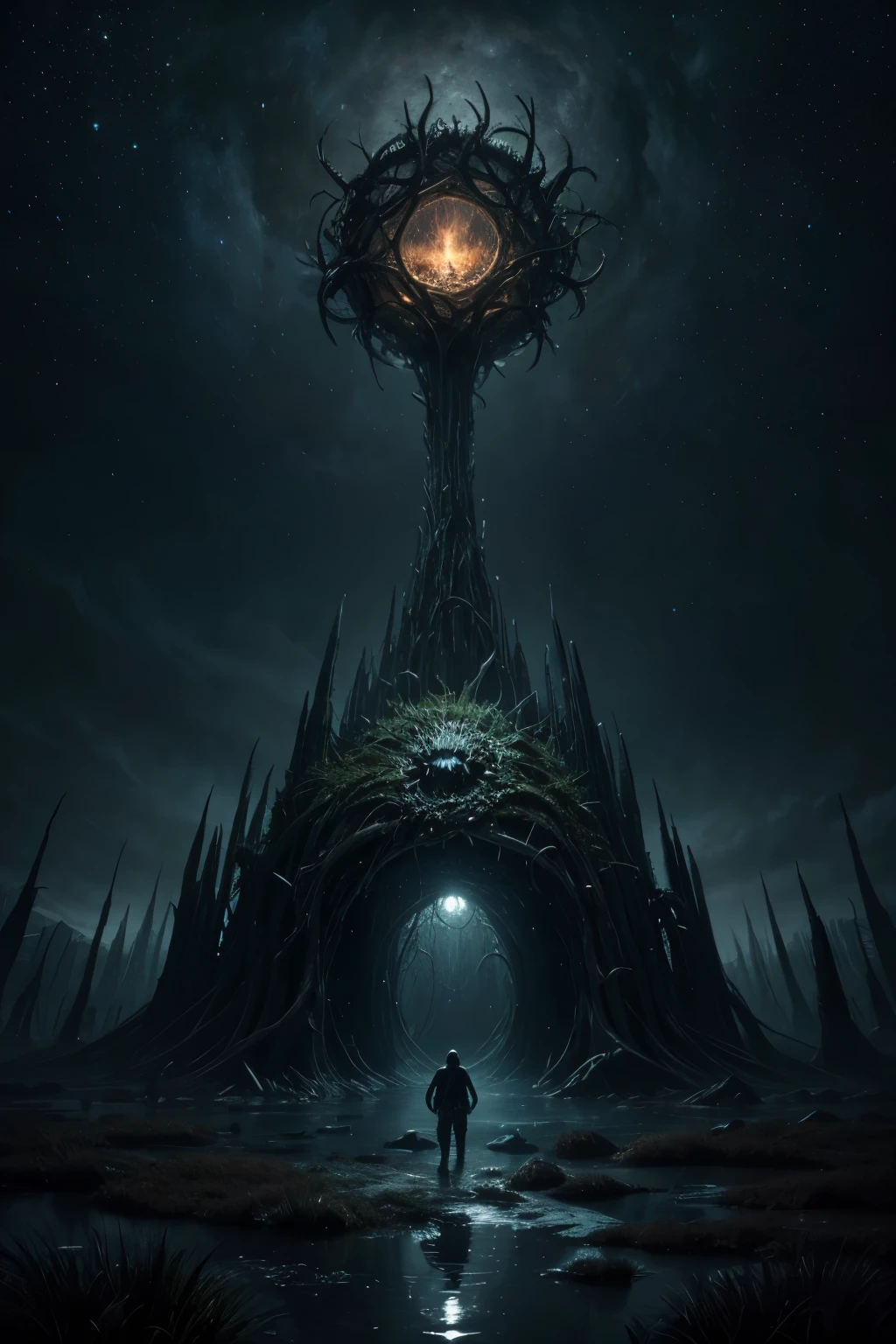 create an image of the primordial God Azathoth, emerging from a dimensional portal amidst a swamp, dark sky and stone monoliths where Azathoth appeared in the sky