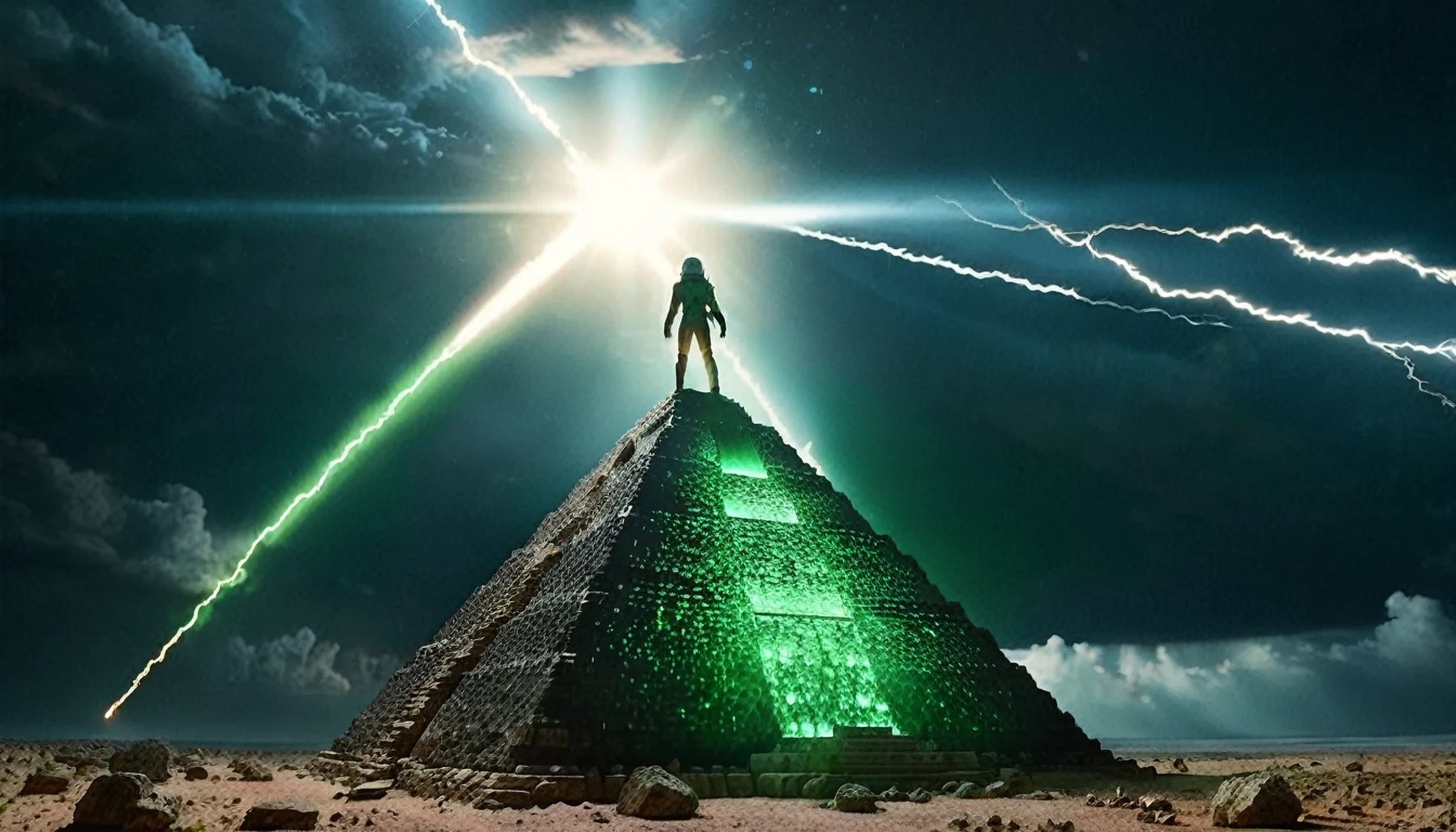 low angle dolly in, cinematic, Naturalistic film style, natural light, film grain, nude woman astronaut, endless black space, in the middle a giant cosmic ancient stone pyramid levitates, the pyramid exudes a green glow, storm, thunder, stars and planet explode, star wind