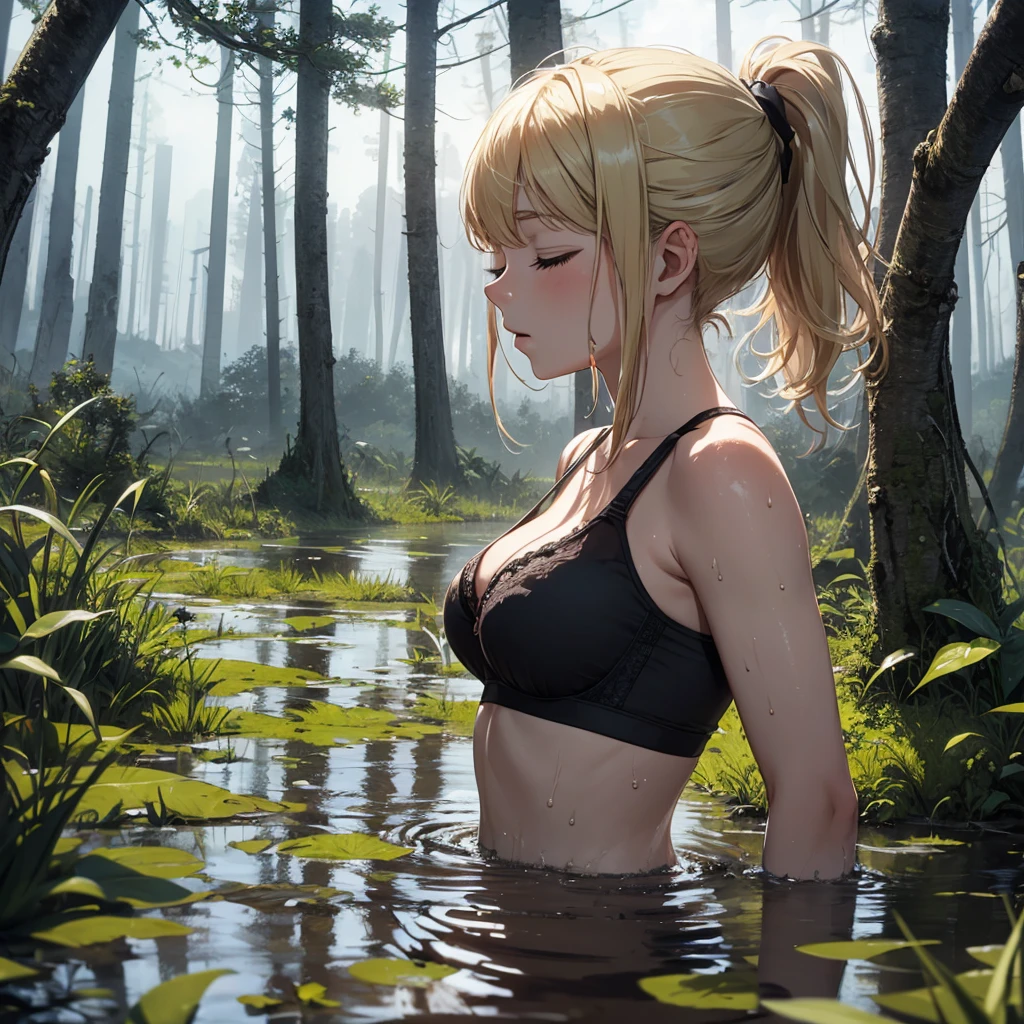 Solo, 1girl, drowned in mud, bog, grass, trees, muck, orgasm, looking up, eyes closed, mouth open, stormy weather, Solo, From Side, blonde hair in ponytail, wearing black bra,