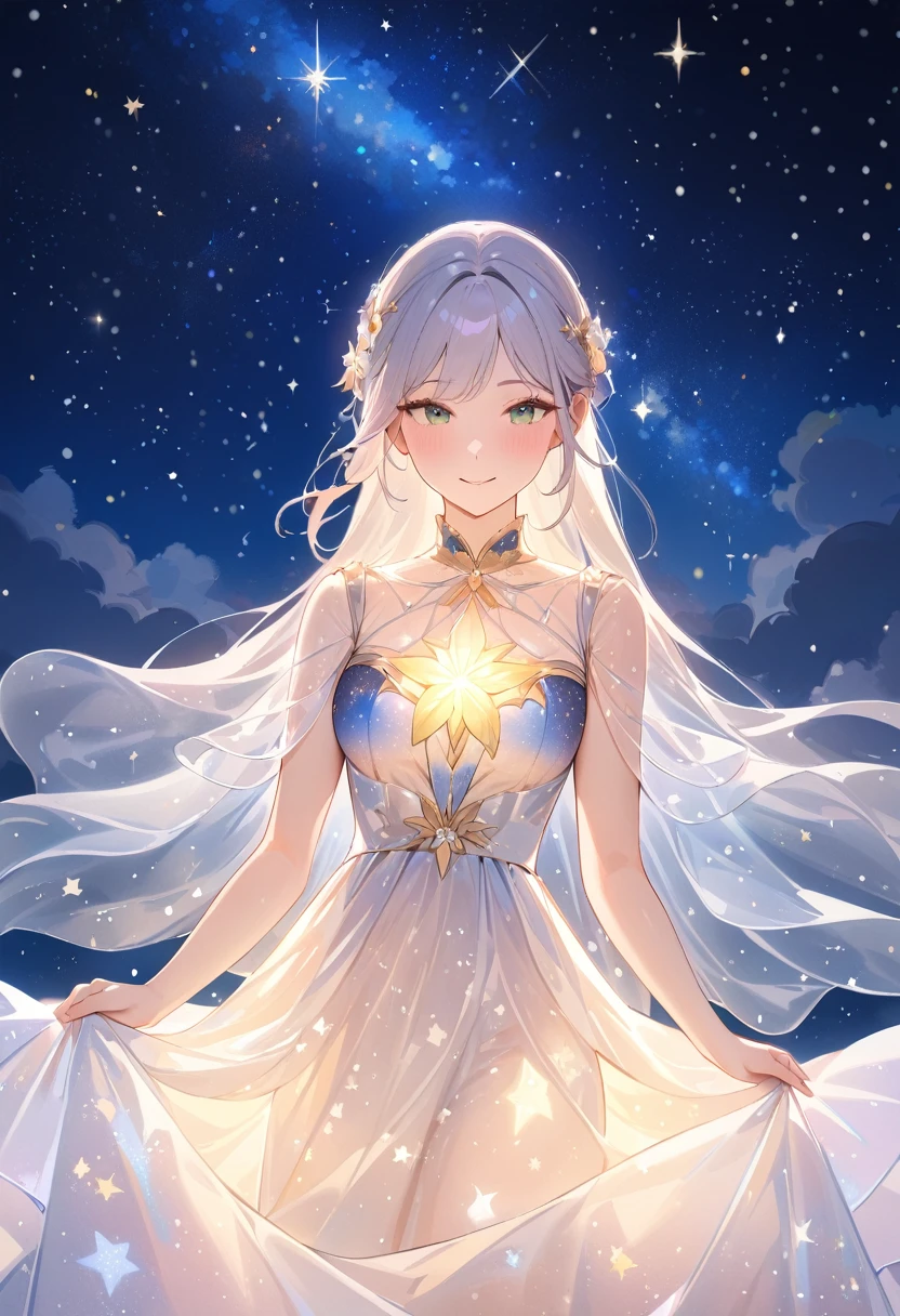 (Masterpiece,best quality,absurdres,4k,8k,highres:1.3), girl wearing an ethereal translucent dress made of starry_sky_print, magical, fantasy, whimsical, complex drawing, highly detailed, ethereal, starry night, vibrant 