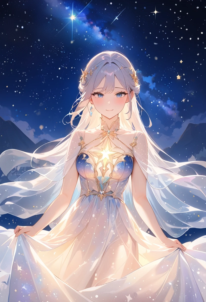 (Masterpiece,best quality,absurdres,4k,8k,highres:1.3), girl wearing an ethereal translucent dress made of starry_sky_print, magical, fantasy, whimsical, complex drawing, highly detailed, ethereal, starry night, vibrant