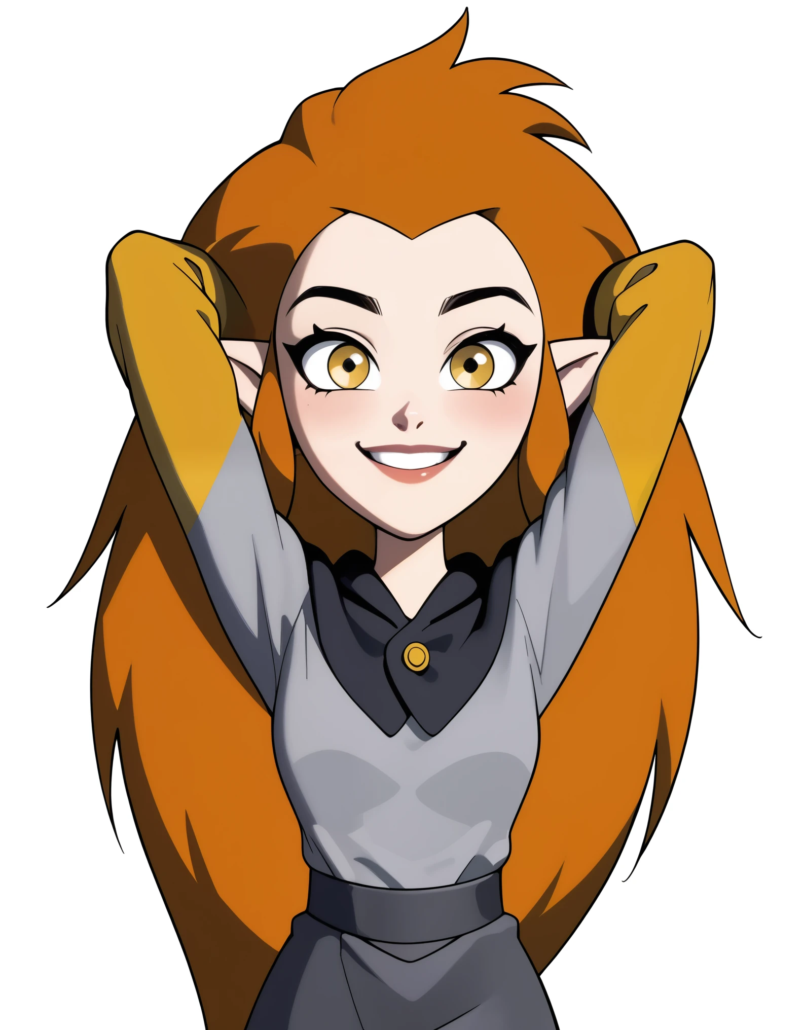 1girl, eda clawthorne, orange hair, long hair, yellow eyes, pointy ears, , capelet, grey skirt, yellow sleeves, yellow leggings, smile, looking at viewer, arms behind head, white background, grey shirt,