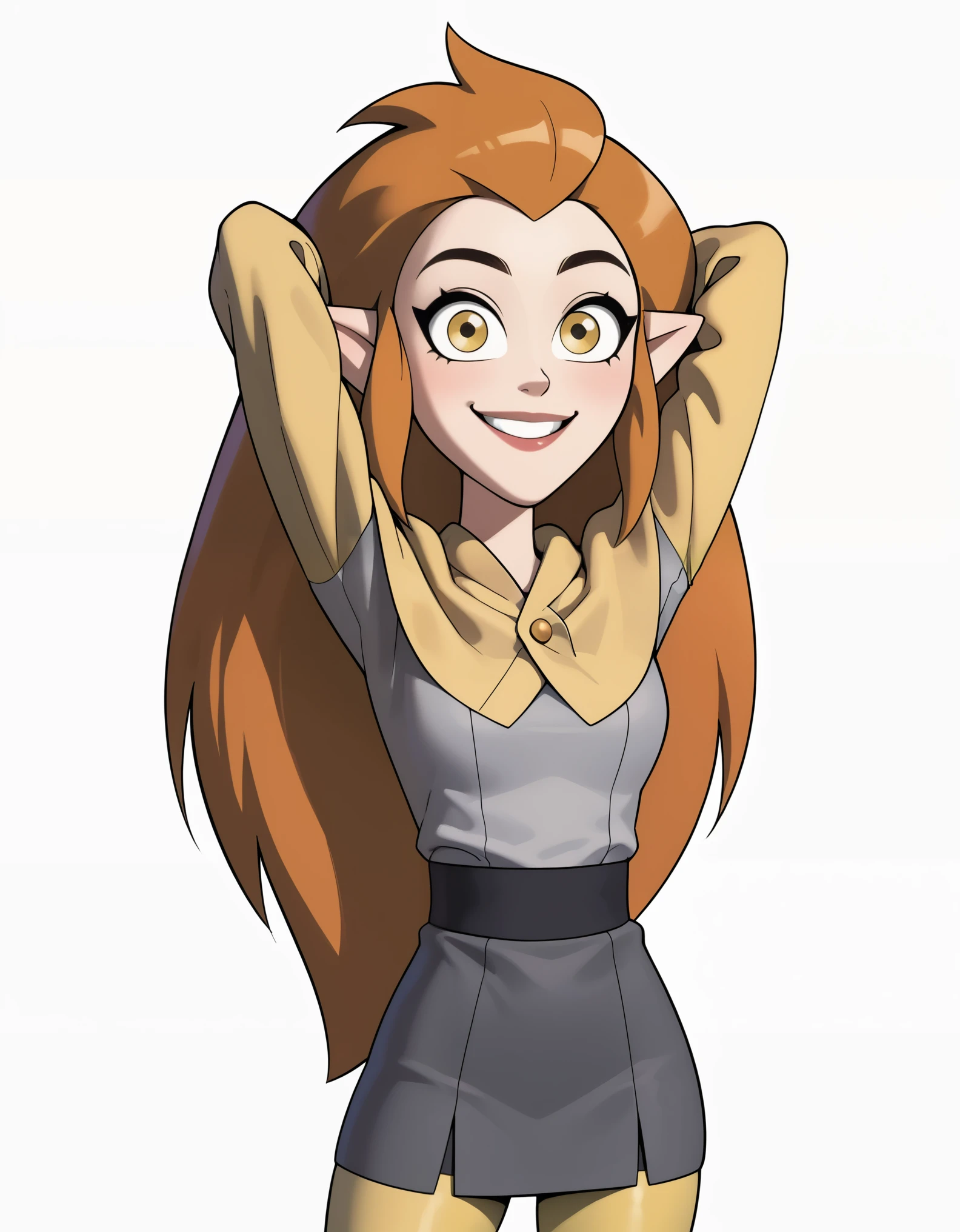 1girl, eda clawthorne, orange hair, long hair, yellow eyes, pointy ears, , capelet, grey skirt, yellow sleeves, yellow leggings, smile, looking at viewer, arms behind head, white background, grey shirt,