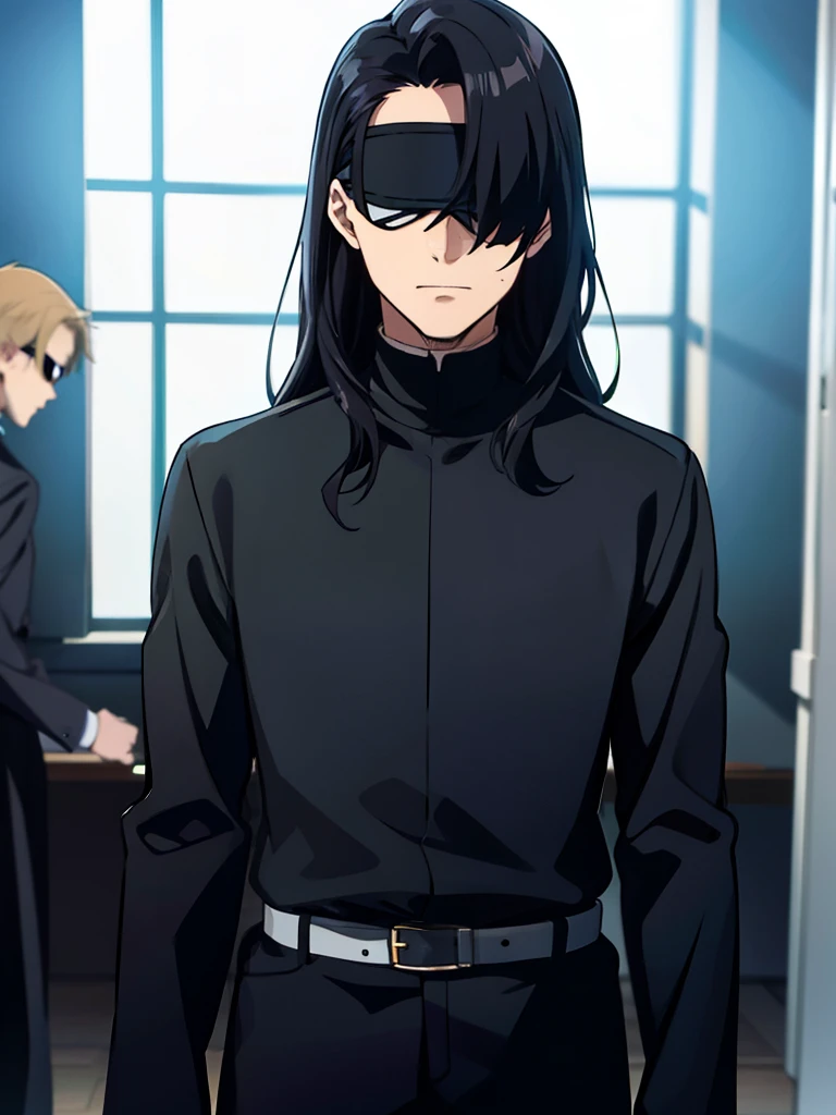 1boy, blind fold, knight, long black hair, black outfit