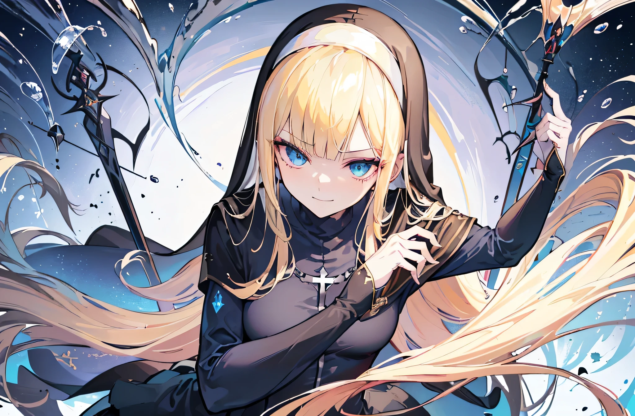 [(white background:1.4)::5],Original,(Illustration:1.1),(Best Quality),(masutepiece:1.1),(the Extremely Detailed CG Unity 8K Wallpapers:1.1), (Colorful:0.9),(mid-shot:0.95),(very detailed beautiful face and eyes),(Solo:1.2), (girl),(((Adult))), (Detailed beautiful eyes:1.15), (Beautiful face:1.15), (Glowing blue eyes:1.25////),(((blond Long Hair))),((Black nun Costume)),((Black pleated mini skirt)),(+perfect hand+:1.21),(Draw an illustration of a girl in a black nun costume woman),(Religious),(slender),(((Adult))),((Wearing black thighhighs)),evil Smile,face-makeup,royal,((Black Nun)),((evil smile)),upper body,medium chest,dynamic angle,dynamic pose,(swords in her hands),