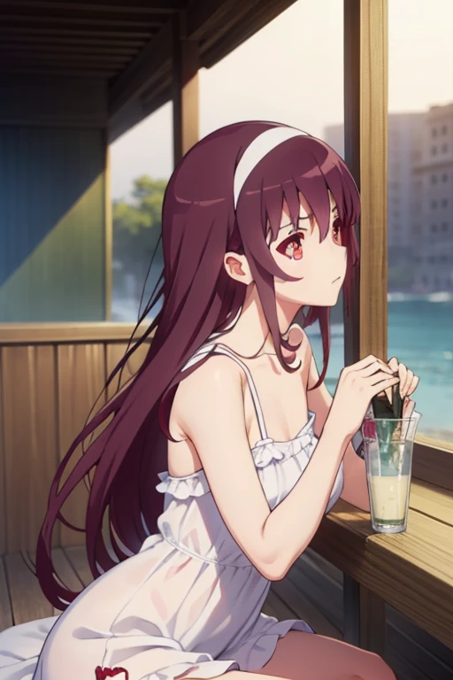 utaha kasumigaoka (deep red eyes:1.7), long black hair, white hairband (ample chest:1.2), leaning forward BREAK collarbone, ((translucent frilly white dress)), bare arms, bare shoulders, bare legs BREAK looking at viewer, BREAK outdoors on the beach, BREAK (masterpiece:1.2), best quality, high resolution, unity 8k wallpaper, (illustration:0.8), (beautiful detailed eyes:1.6), extremely detailed face, perfect lighting, extremely detailed CG, (perfect hands, perfect anatomy), ((semi-profile))