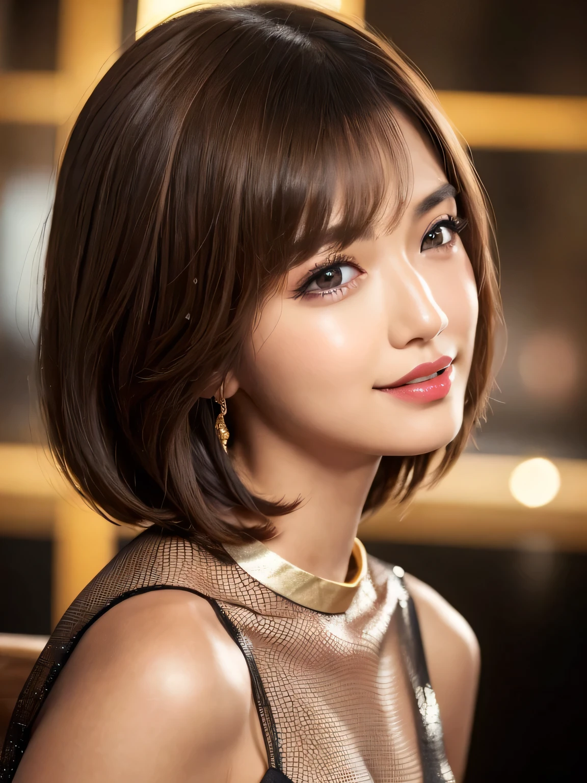depth of field, cinematic lighting, uhd, masterpiece, anatomically correct, textured skin, 8k, Detailed eyes、Detailed face、Detailed expression、Cowboy Shot、One Japanese woman、Light brown hair with gold mesh, Heavy makeup、Glossy Lips、Dark brown eyes、Facing the camera、Bright smile、Plain evening dress、Asymmetrical bob cut hair、Watching the audience、Inside the snack bar、