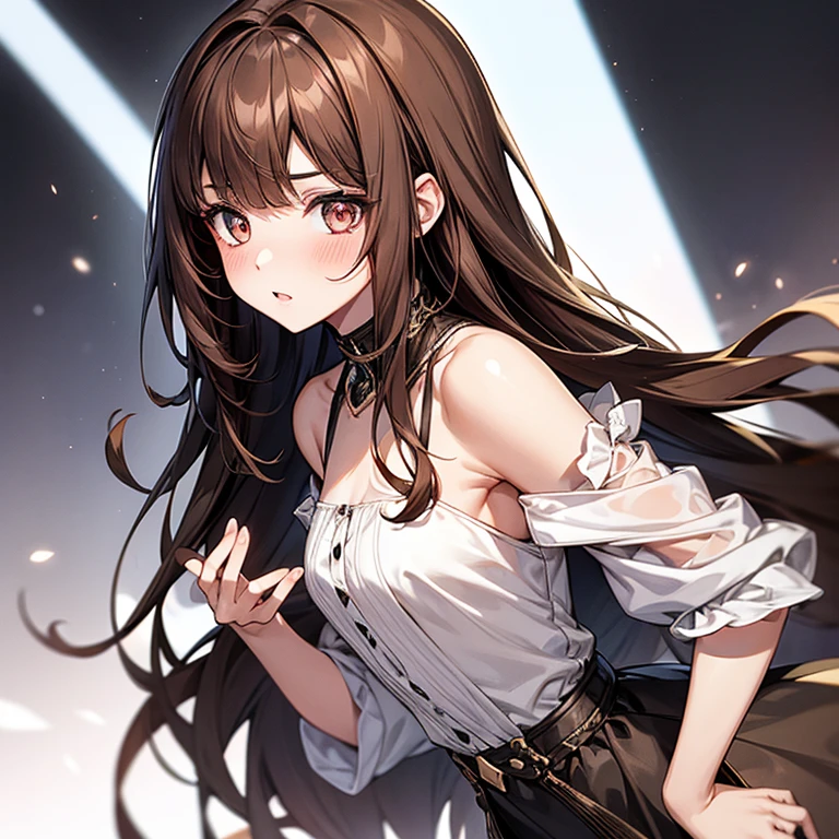 Girl, long brown hair, bangs, ambereyes, sharp features, white skin, rich girl style blushing,small waist, elelegent black dress