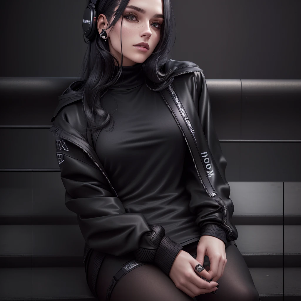 woman sitting on a bench wearing headphones and a black top, photograph of a techwear woman, casual black clothing, black clothing, total black outfit, wearing black modern clothes, black outfit, wearing black clothes, wearing in black clothes, woman in streetwear, she is wearing streetwear, jovana rikalo, black clothes, wearing urban techwear, casual streetwear
