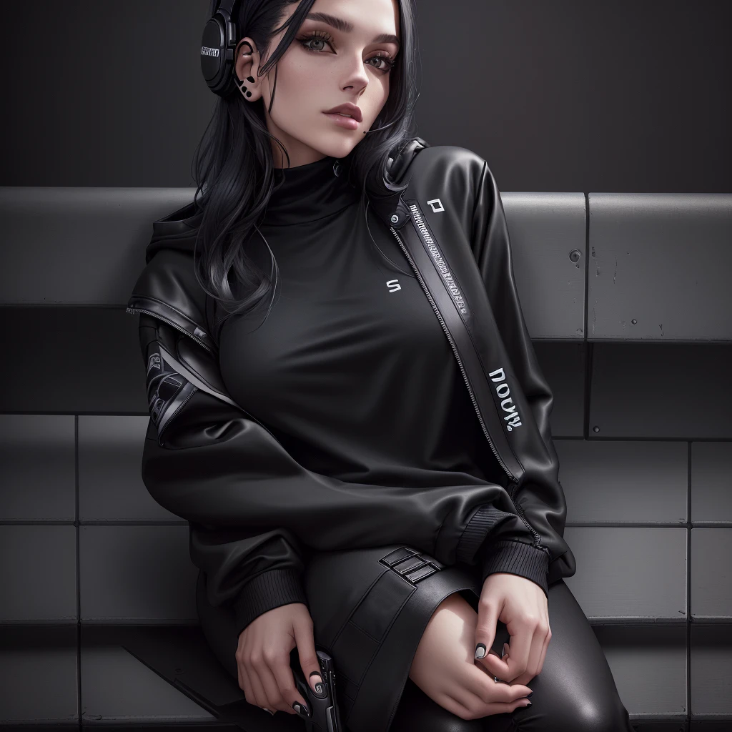 woman sitting on a bench wearing headphones and a black top, photograph of a techwear woman, casual black clothing, black clothing, total black outfit, wearing black modern clothes, black outfit, wearing black clothes, wearing in black clothes, woman in streetwear, she is wearing streetwear, jovana rikalo, black clothes, wearing urban techwear, casual streetwear