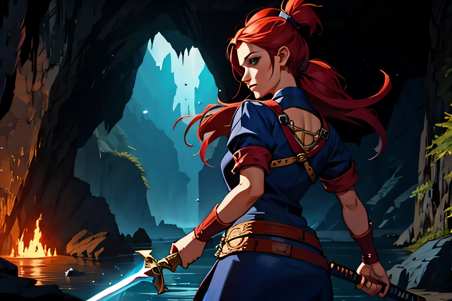 beautiful pirate woman with a shining sword in a gloomy cave