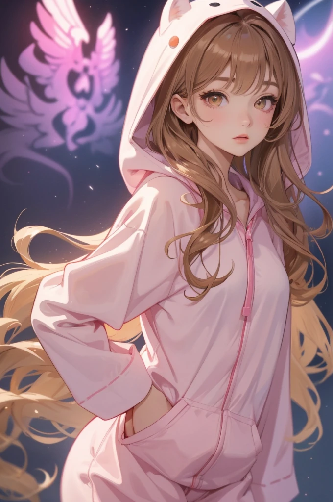 adult woman, Age 22; long hair, pretty and pink, curly hair; (yellow eyes), angelic and beautiful face with flushed cheeks, rosto ultra detaild; (( wearing cute brown colored kigurumi pajamas with a hood )); best qualityer, ultra detaild, best resolution, 4K, soft strokes, role model, work of art, closes; dimly lit room in the background, focus on the character, blurry background