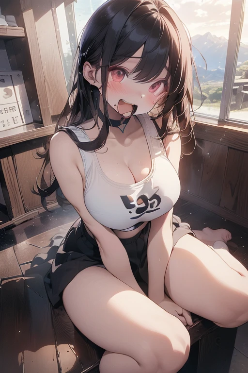 ((Highest quality)), ((masterpiece)), (detailed), Natural light,One Woman, pretty woman,Very sexy,Baby Face,yn,(((Big 1.5,Big Breasts 1.9))),
Beautiful woman,Small face,Beautiful Face,Big eyes,Beautiful Eyes,Beautiful double eyelids,Beautiful teeth alignment,Beautiful body lines,Slender body,Beautiful Hands,Beautiful feet,Long hands,Long legs,Long and supple hair,Shiny Hair,Black Hair,Full Body Shot,Embarrassed expression,blush,Crying face,Mouth half open,Beautiful shoulders,Beautiful clavicle、Sitting,Sitting cross-legged,(Sweat),Embarrassed expression,blush,humiliation,((White 1.9,Tank top 1.9)),Wide-open chest,Shoulder out,Beautiful shoulders,Beautiful clavicle,(((Valley 1.9))),mini skirt,Proudly,Both hands are behind the body,Arched back body,