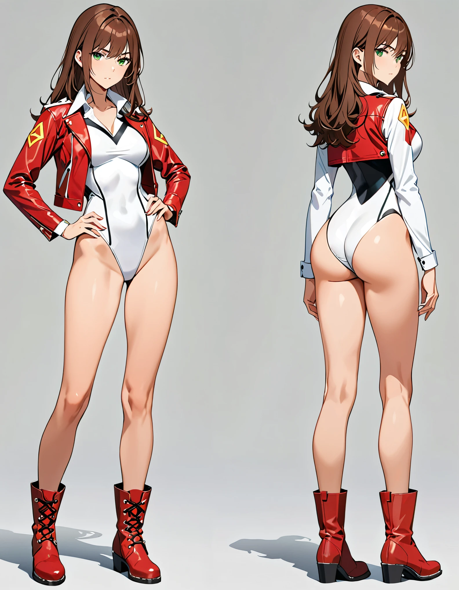 (masterpiece), (best quality), (high res), 1lady, tall body, beautiful detailed eyes, beautiful detailed face, serious, perfect hands, complete fingers, perfect anatomy, perfect proportions, ((brown hair, medium hair, hair down)), ((green eyes)), ((leotard, white leotard, matching leotard)), ((white dress collar, open collar)), ((bare legs)), ((boots, matching boots, ankle-high boots, red boots)), breasts, medium breasts, looking at viewer, (solo, solo focus), standing,, ((yellow V (symbol) on chest)), ((red leather jacket, open jacket)), full body costume design. Simple background, Multiple Views, Character Sheet Full-Length.