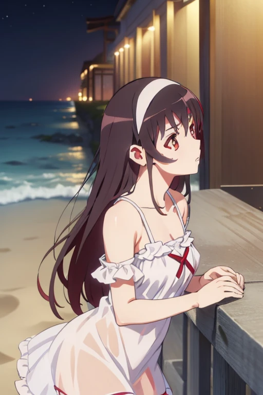 utaha kasumigaoka (deep red eyes:1.7), long black hair, white hairband (ample chest:1.2), leaning forward BREAK collarbone, ((translucent frilly white dress)), bare arms, bare shoulders, bare legs BREAK looking at viewer, BREAK ((outdoors on the sandy beach)), BREAK (masterpiece:1.2), best quality, high resolution, unity 8k wallpaper, (illustration:0.8), (beautiful detailed eyes:1.6), extremely detailed face, perfect lighting, extremely detailed CG, (perfect hands, perfect anatomy), ((semi-profile))