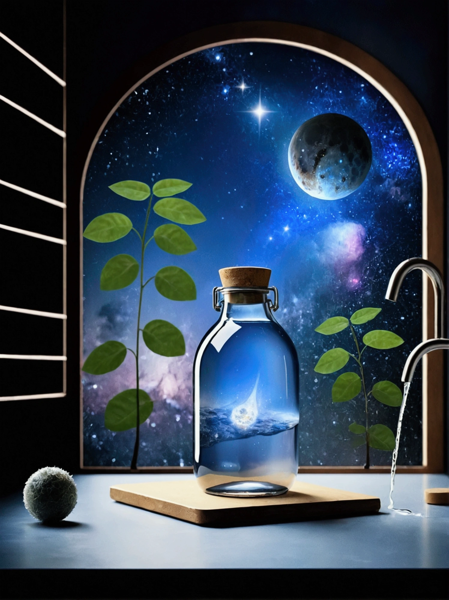“Using the reference of the glass water bottle you created, edit the image so that the contents of the bottle are the universe itself. The bottle must continue to have its unique and elegant shape, reminiscently sculpted to resemble a human hip. The slight curve and wider width than usual should be maintained, providing visual robustness without losing the delicacy of glass. Through the transparency of the bottle, I want to see vibrantly colored nebulae and glowing constellations inside the glass., creating a sense of depth and cosmic wonder.

Change the scene in which the bottle is located, place it in a quiet and mystical night forest. Moonlight must filter through the treetops, creating soft shadows and an ethereal atmosphere. Little fireflies should glow softly around the bottle, adding a magical touch to the scene. The environment must be serene and full of natural details, like leaves, branches and flowers, that complement the beauty of the bottle and its cosmic content.”