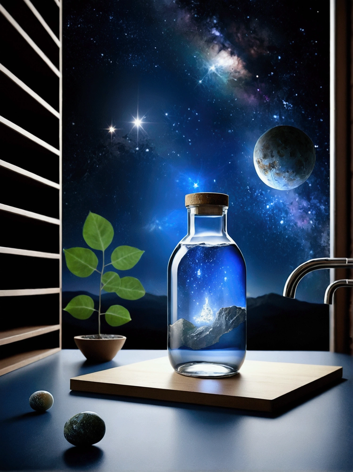 “Using the reference of the glass water bottle you created, edit the image so that the contents of the bottle are the universe itself. The bottle must continue to have its unique and elegant shape, reminiscently sculpted to resemble a human hip. The slight curve and wider width than usual should be maintained, providing visual robustness without losing the delicacy of glass. Through the transparency of the bottle, I want to see vibrantly colored nebulae and glowing constellations inside the glass., creating a sense of depth and cosmic wonder.

Change the scene in which the bottle is located, place it in a quiet and mystical night forest. Moonlight must filter through the treetops, creating soft shadows and an ethereal atmosphere. Little fireflies should glow softly around the bottle, adding a magical touch to the scene. The environment must be serene and full of natural details, like leaves, branches and flowers, that complement the beauty of the bottle and its cosmic content.”