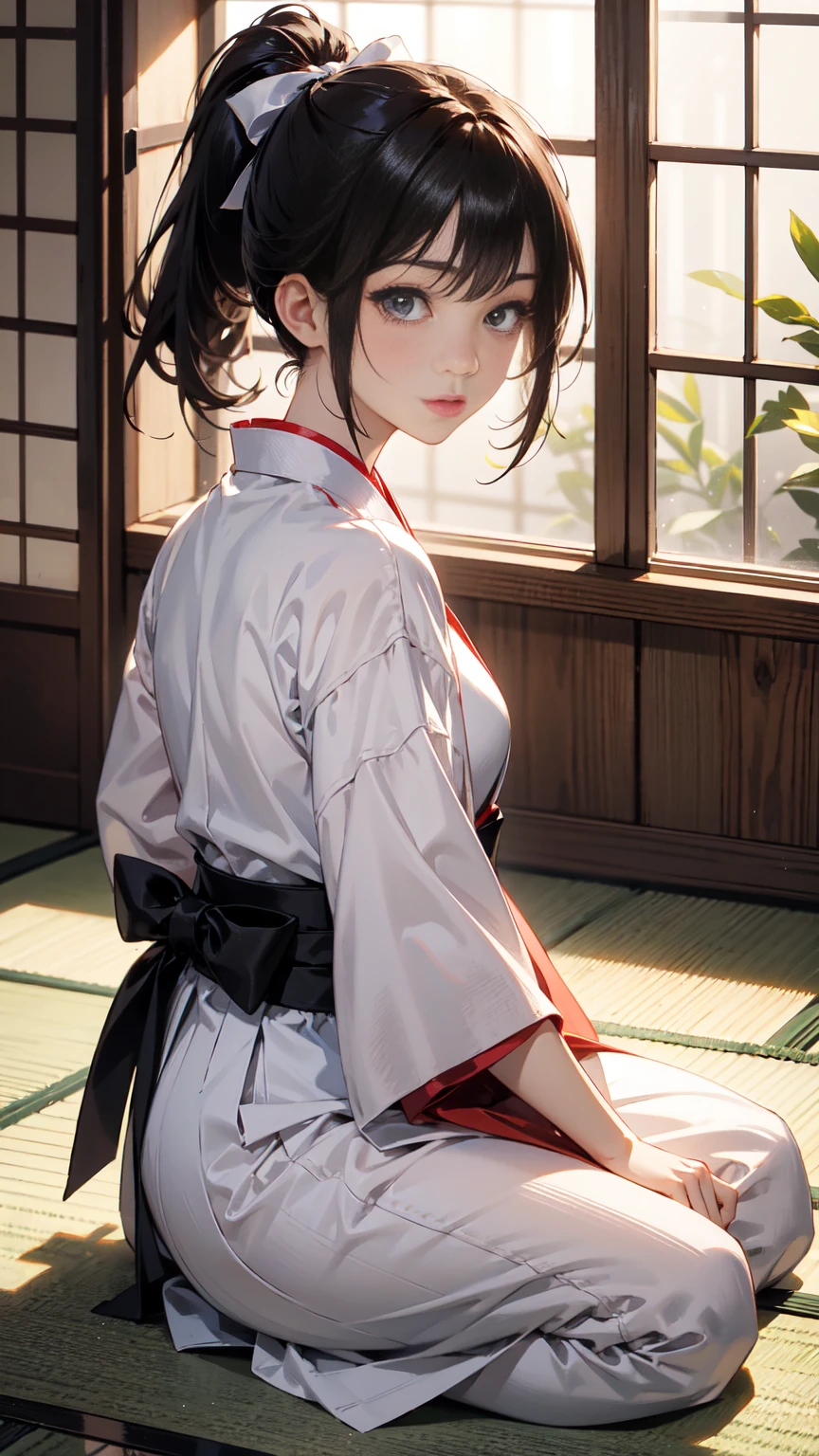 girl、1 person、Single、Long, narrow eyes、bangs、Long Hair、Black Hair、ponytail、seiza、Hakama、White Hakama、Brown haori、The bow is placed at the side、indoor、dojo、床の上でseizaしている、Japanese style、