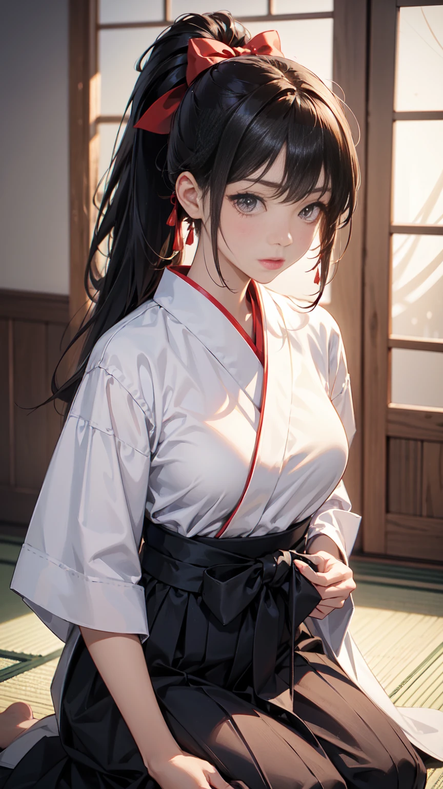 girl、1 person、Single、Long, narrow eyes、bangs、Long Hair、Black Hair、ponytail、seiza、Hakama、White Hakama、Brown haori、The bow is placed at the side、indoor、dojo、床の上でseizaしている、Japanese style、