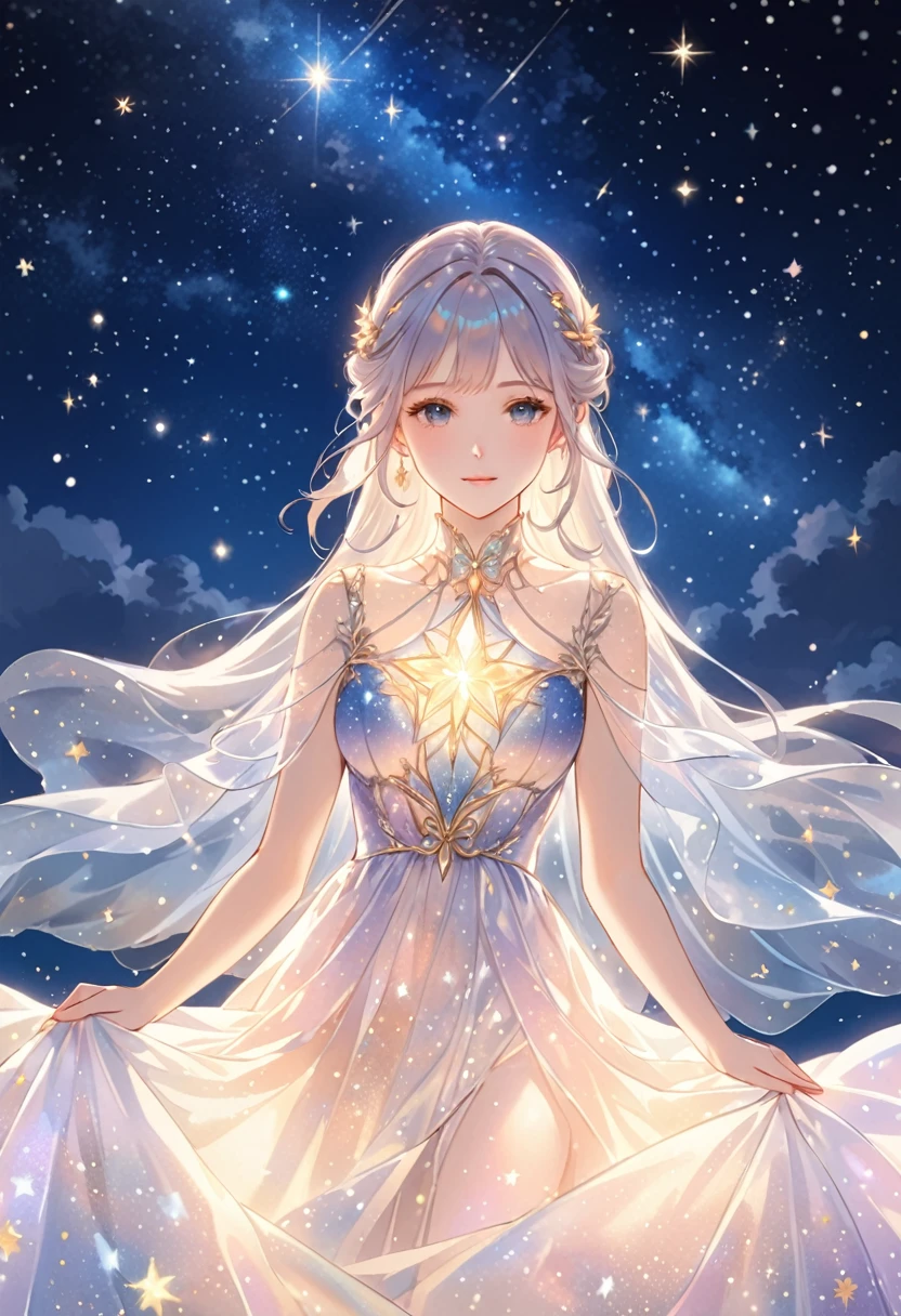 (Masterpiece,best quality,absurdres,4k,8k,highres:1.3), girl wearing an ethereal translucent dress made of starry_sky_print, magical, fantasy, whimsical, complex drawing, highly detailed, ethereal, starry night, vibrant 