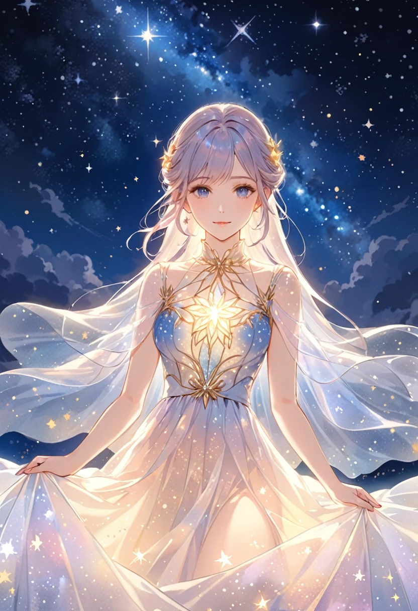 (Masterpiece,best quality,absurdres,4k,8k,highres:1.3), girl wearing an ethereal translucent dress made of starry_sky_print, magical, fantasy, whimsical, complex drawing, highly detailed, ethereal, starry night, vibrant