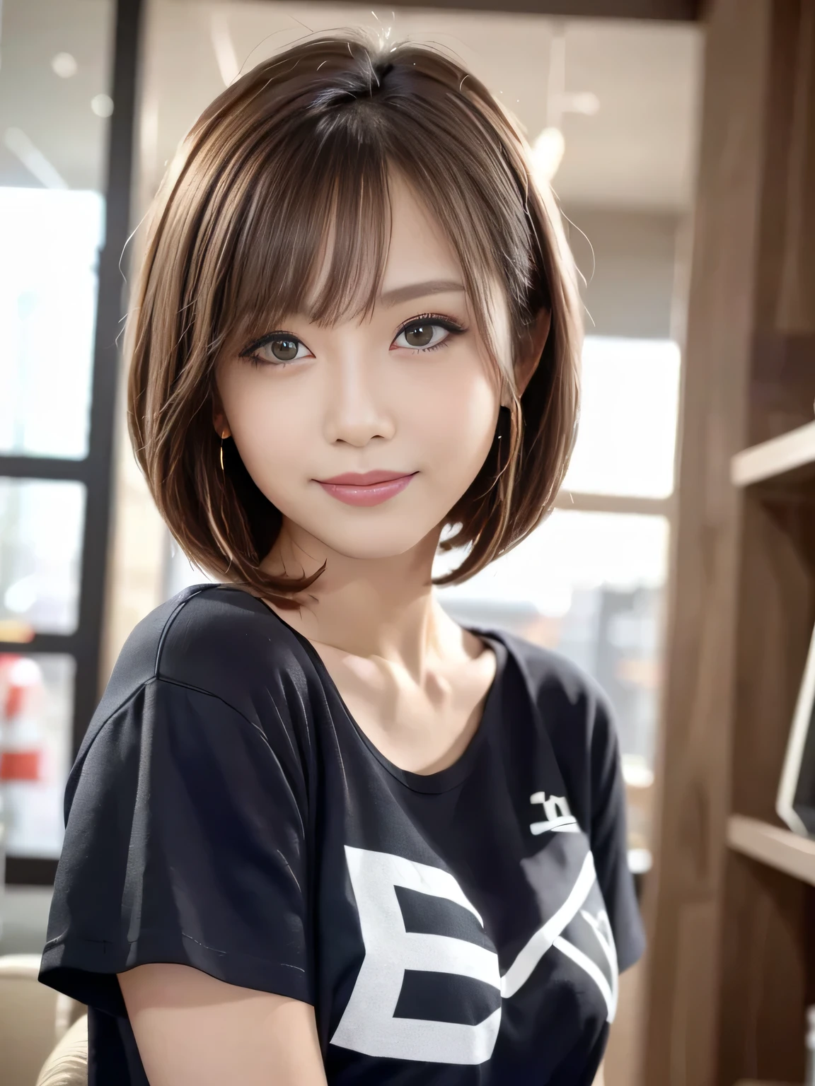 depth of field, cinematic lighting, uhd, masterpiece, anatomically correct, textured skin, 8k, Detailed eyes、Detailed face、Detailed expression、One Japanese woman、Dark brown eyes、Facing the camera、Bright smile、Plain T-shirt、Light Brown Hair, The hair on the left side is hanging over the ear、Bob Cut Hair、 Cowboy Shot、Watching the audience、