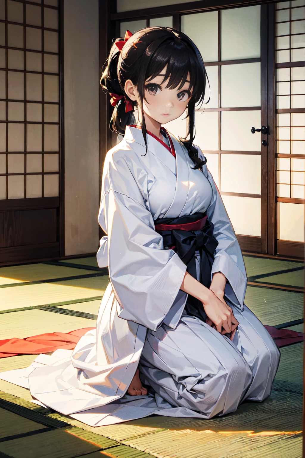 girl、1 person、Single、Long, narrow eyes、bangs、Long Hair、Black Hair、ponytail、seiza、Hakama、White Hakama、Brown haori、The bow is placed at the side、indoor、dojo、床の上でseizaしている、Japanese style、