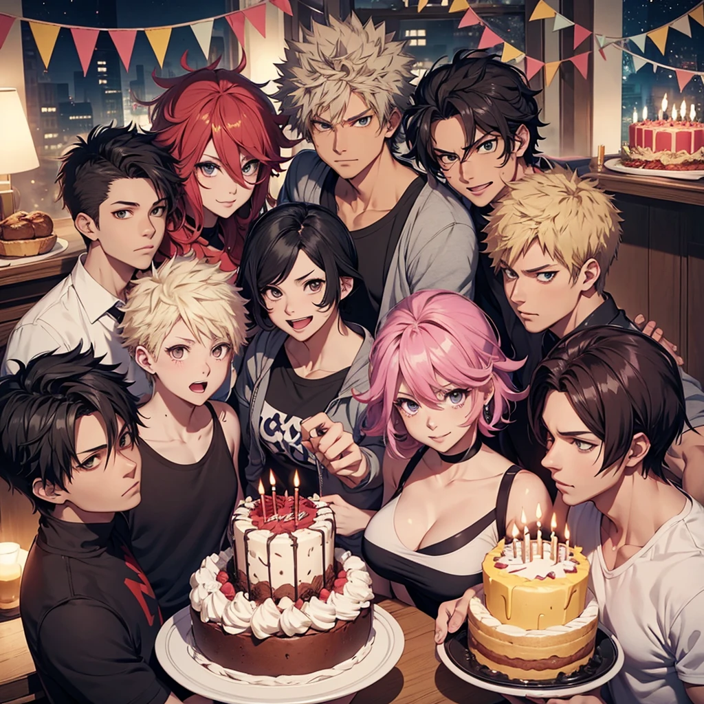 Mina Ashido,Bakugou, Nightwing,jean from attack on titan and 2 other people celebrating a birthday with family enjoying