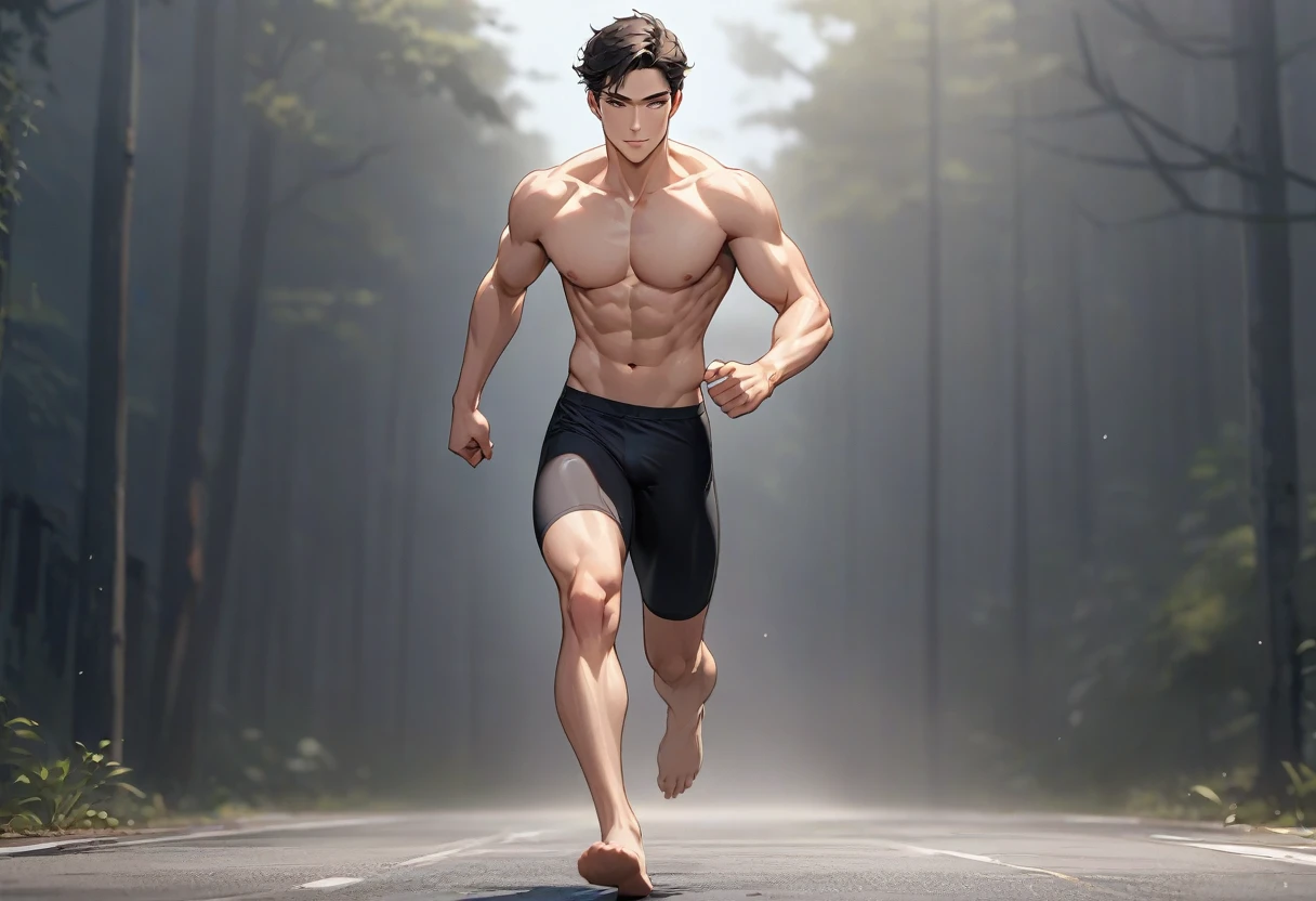 cartoon，Handsome face，Naked figure，Black pants，Perfect body，Men wearing only，Front view，Full body shot，High Detail，run，high quality，masterpiece，HD