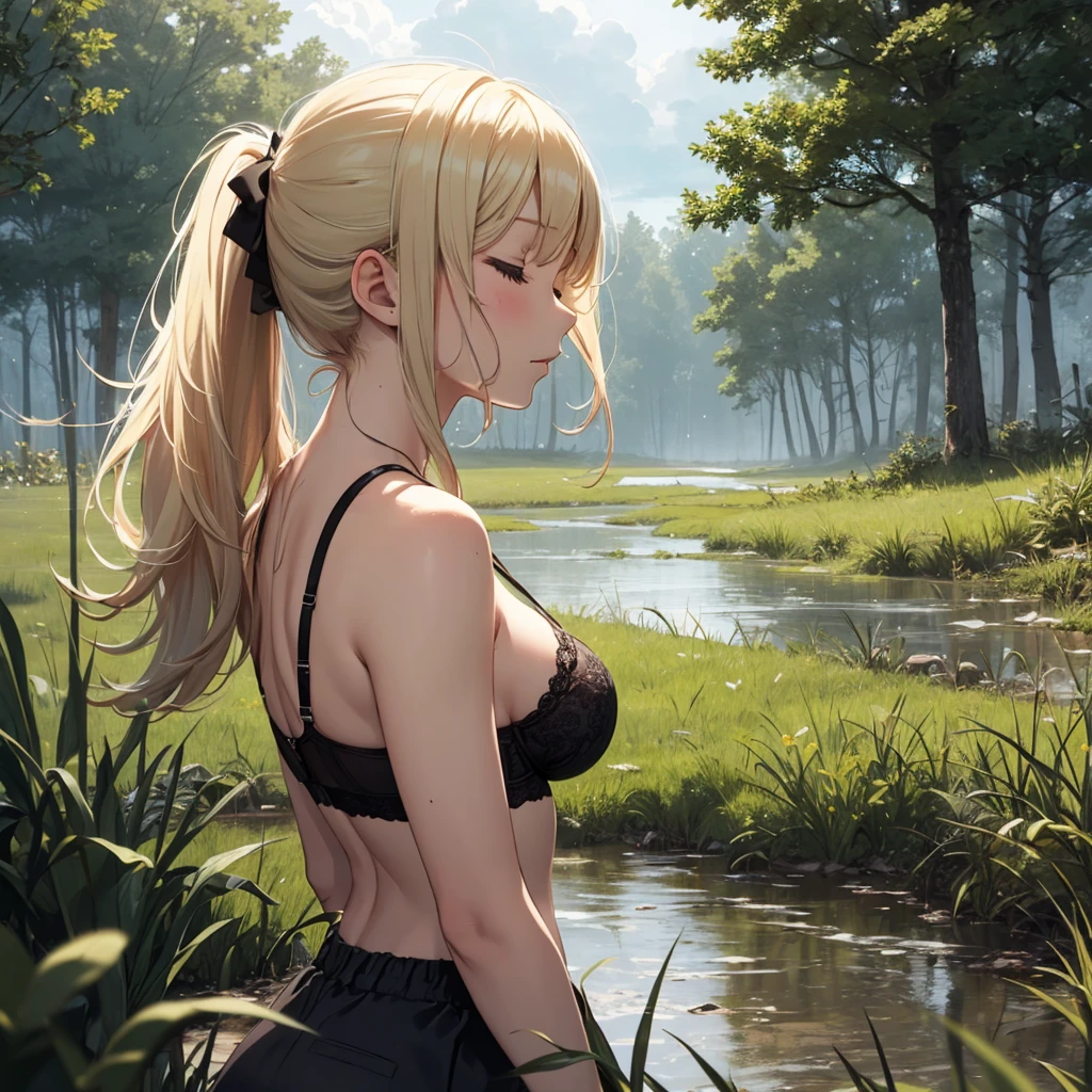 Solo, 1girl, drowned in mud, bog, grass, trees, muck, orgasm, looking up, eyes closed, mouth open, stormy weather, Solo, From Side, blonde hair in ponytail, wearing bra and panty