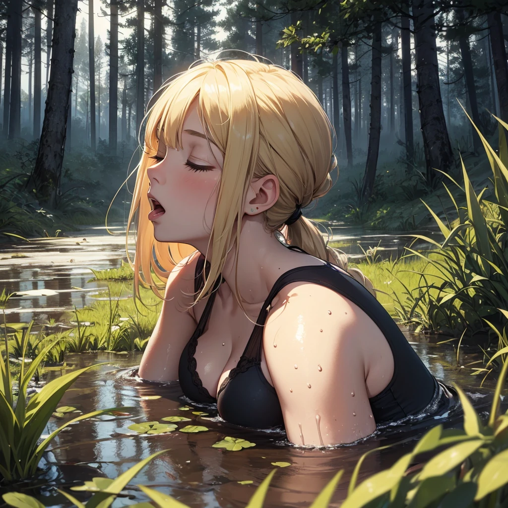 Solo, 1girl, drowned in mud, bog, grass, trees, muck, orgasm, looking up, eyes closed, mouth open, stormy weather, Solo, From Side, blonde hair in ponytail, wearing black bra,
