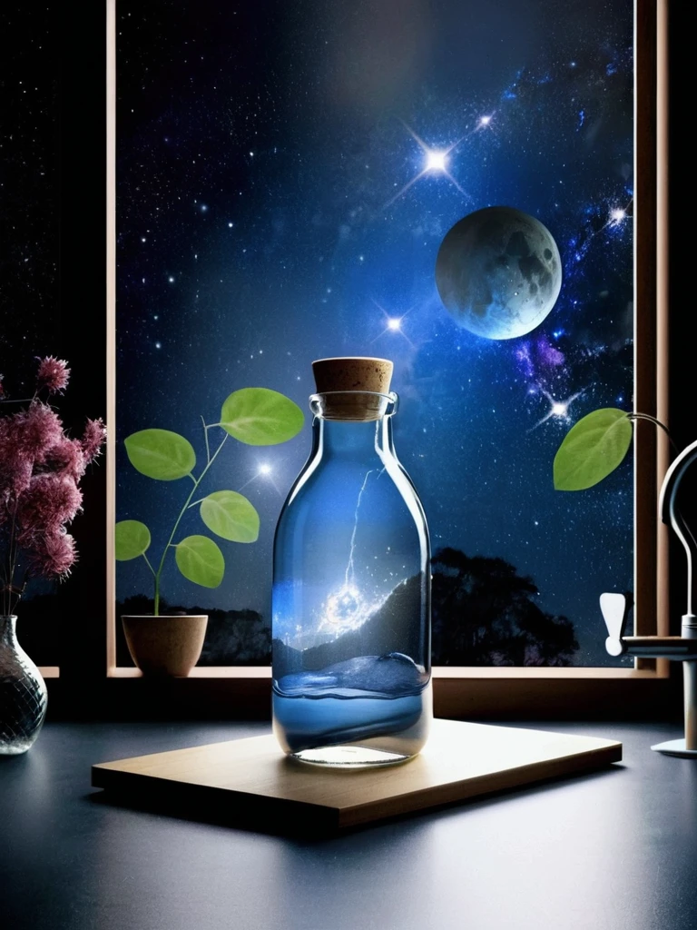 “Using the reference of the glass water bottle you created, edit the image so that the contents of the bottle are the universe itself. The bottle must continue to have its unique and elegant shape, reminiscently sculpted to resemble a human hip. The slight curve and wider width than usual should be maintained, providing visual robustness without losing the delicacy of glass. Through the transparency of the bottle, I want to see vibrantly colored nebulae and glowing constellations inside the glass., creating a sense of depth and cosmic wonder.
Change the scene in which the bottle is located, place it in a quiet and mystical night forest. Moonlight must filter through the treetops, creating soft shadows and an ethereal atmosphere. Little fireflies should glow softly around the bottle, adding a magical touch to the scene. The environment must be serene and full of natural details, like leaves, branches and flowers, that complement the beauty of the bottle and its cosmic content.”