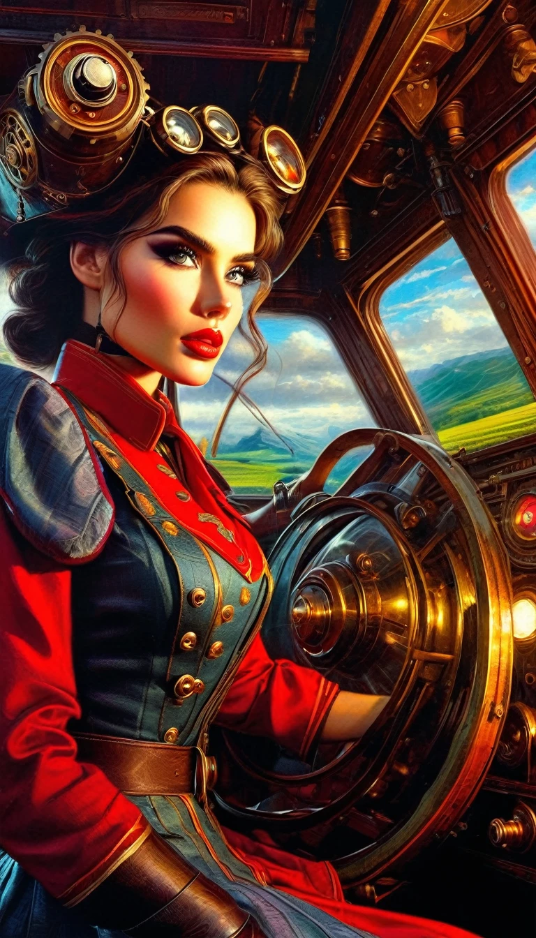 a sexy communist train pilot girl driving big machinery, steampunk, fantasy, medieval, train, oil painting, (art inspired by Bill Sienkiewicz), beautiful detailed eyes, beautiful detailed lips, extremely detailed eyes and face, long eyelashes, intricate machinery, gears, steam punk aesthetics, lush fantasy landscapes, rolling hills, dramatic lighting, rich colors, cinematic composition, photorealistic, (best quality,4k,8k,highres,masterpiece:1.2),ultra-detailed,(realistic,photorealistic,photo-realistic:1.37),HDR,UHD,studio lighting,ultra-fine painting,sharp focus,physically-based rendering,extreme detail description,professional,vivid colors,bokeh