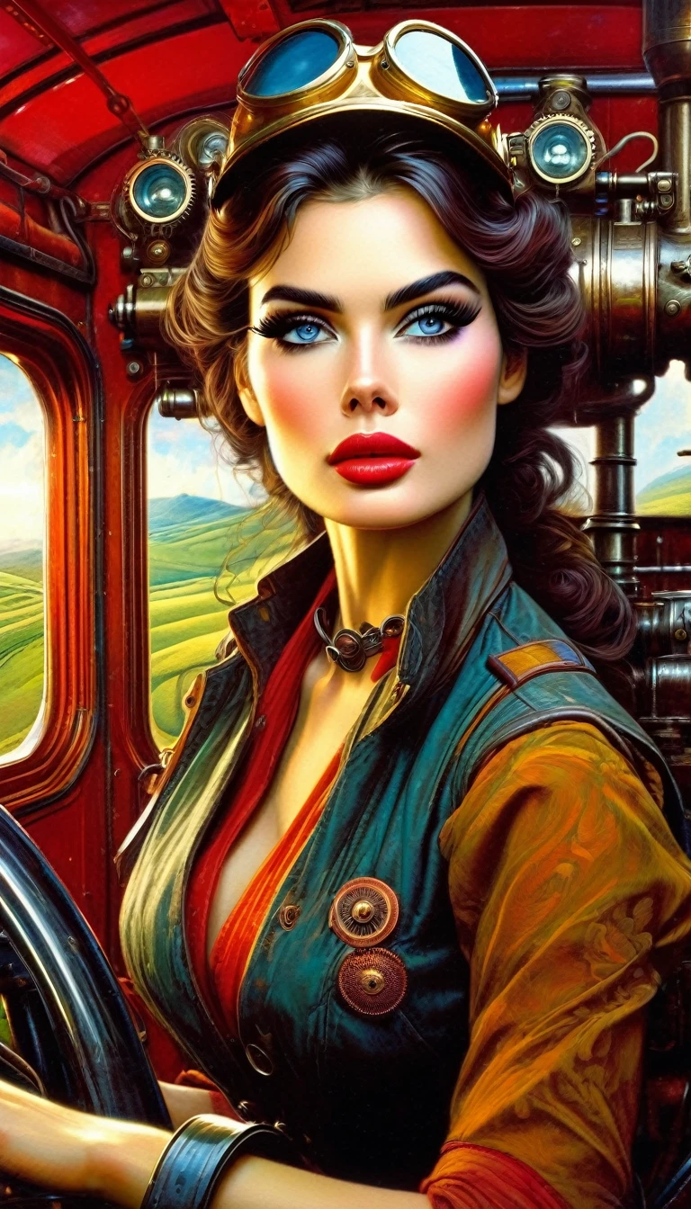 a sexy communist train pilot girl driving big machinery, steampunk, fantasy, medieval, train, oil painting, (art inspired by Bill Sienkiewicz), beautiful detailed eyes, beautiful detailed lips, extremely detailed eyes and face, long eyelashes, intricate machinery, gears, steam punk aesthetics, lush fantasy landscapes, rolling hills, dramatic lighting, rich colors, cinematic composition, photorealistic, (best quality,4k,8k,highres,masterpiece:1.2),ultra-detailed,(realistic,photorealistic,photo-realistic:1.37),HDR,UHD,studio lighting,ultra-fine painting,sharp focus,physically-based rendering,extreme detail description,professional,vivid colors,bokeh