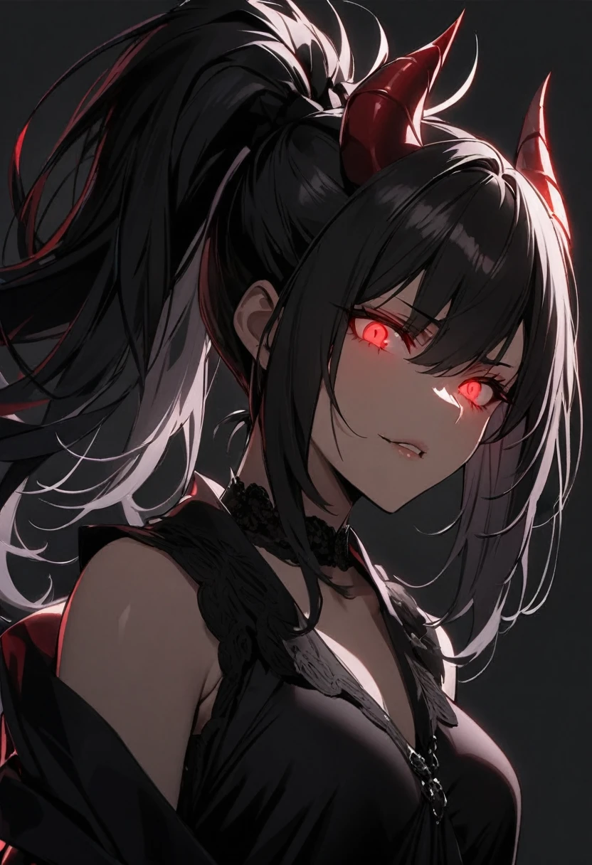 girl, red eyes, pony tail hair, demon horn, adult, pretty, black hair, black wallpaper, black dress, glowing eyes, highest quality , mature