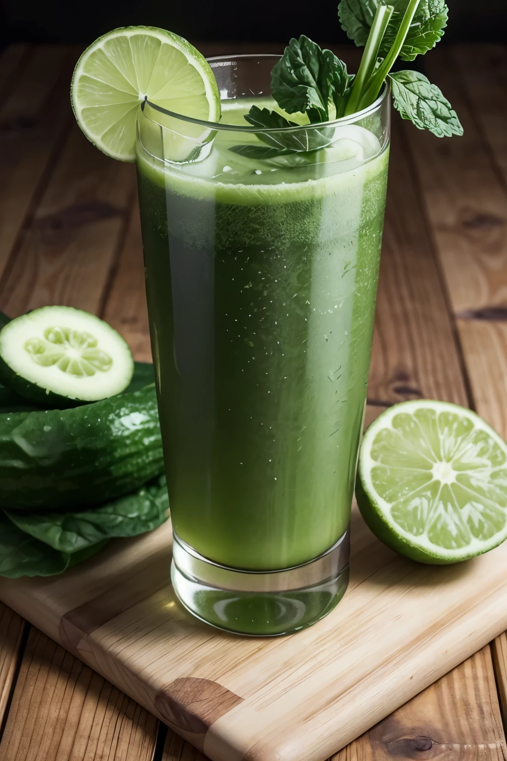 Generate a green healthy drink logo., with spinach leaves, sliced cucumber, ginger stalk., celery, and half a lemon.