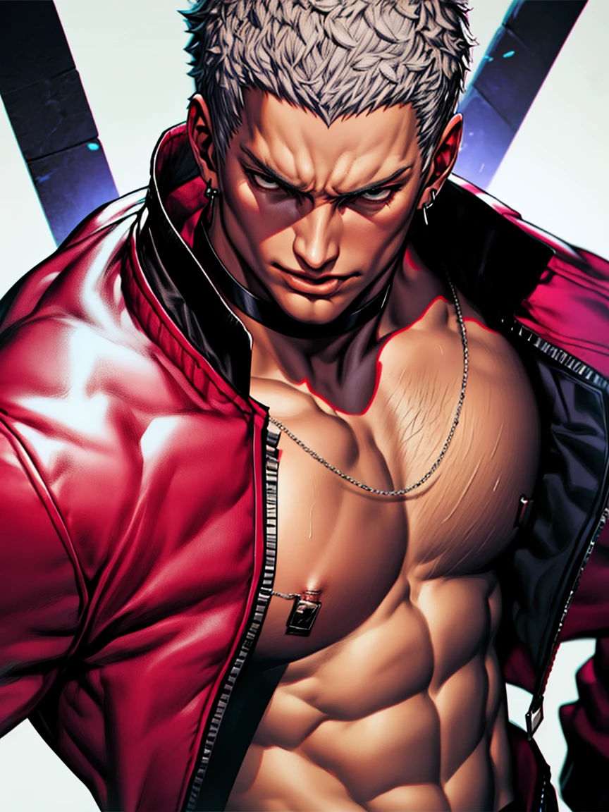 masterpiece, 1 chico, ABS, Only, completely naked, heart choker, Yashiro (kof), Alone, looking at the viewer, short hair, simple background, gloves, 1 chico, White background, jewelry, jacket, Upper part of the body, by white, male focus, heart, open clothing, choker, open jacket, muscular, black choker, ABS, Pectorals, Muscular male, Only, red jacket, large Pectorals, leather, pectoral neckline, making signs