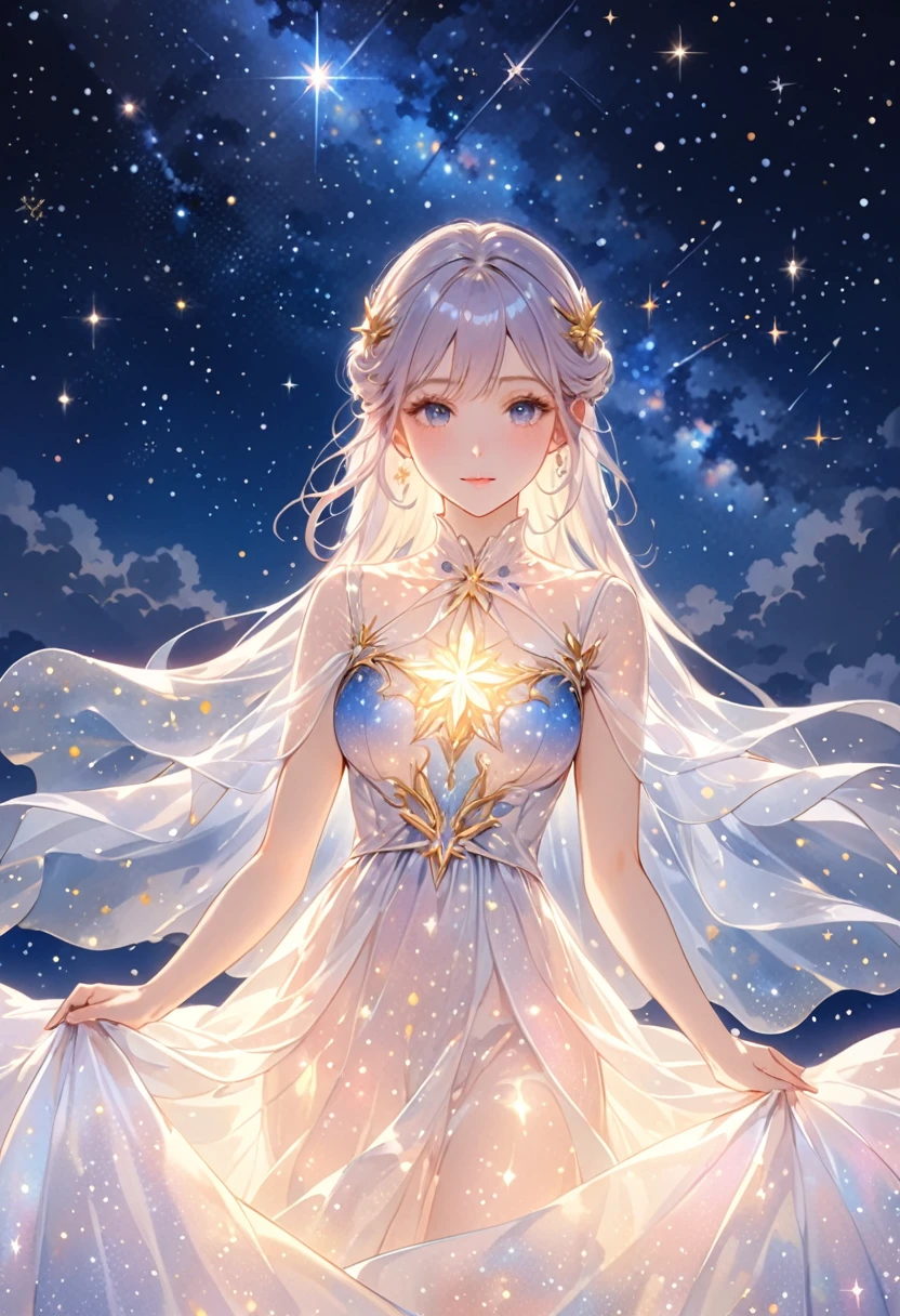 (Masterpiece,best quality,absurdres,4k,8k,highres:1.3), girl wearing an ethereal translucent dress made of starry_sky_print, magical, fantasy, whimsical, complex drawing, highly detailed, ethereal, starry night, vibrant,ai-generated