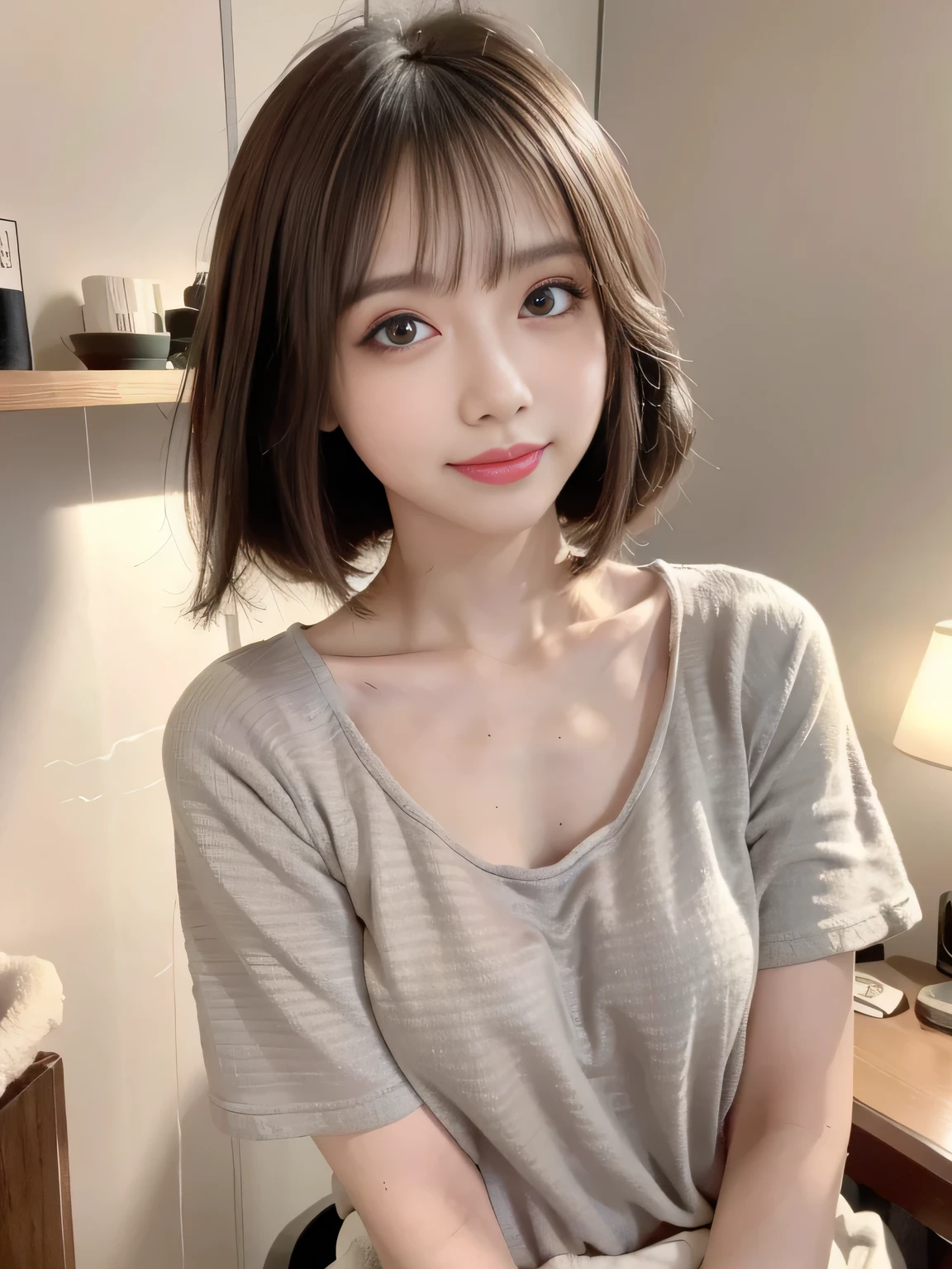 depth of field, cinematic lighting, uhd, masterpiece, anatomically correct, textured skin, 8k, Detailed eyes、Detailed face、Detailed expression、One Japanese woman、Dark brown eyes、Facing the camera、Bright smile、Plain T-shirt、Light Brown Hair, The hair on the left side is hanging over the ear、Bob Cut Hair、 Cowboy Shot、Watching the audience、