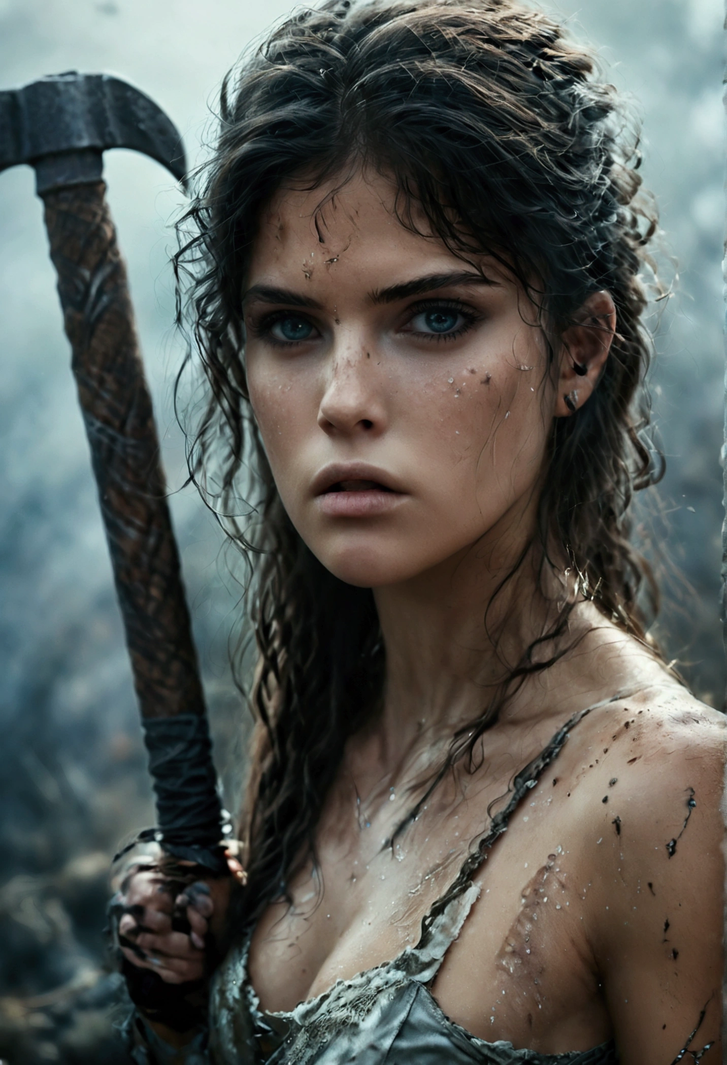(best quality, High resolution, ​masterpiece, overhead view:1.20),ultradetailed, (Full body:1.3), standing:1.2, marie avgeropoulos, Height 162cm, Body weight 46kg, 20 age old, female warrior, An axe in each hand:1.2, asymmetrical bangs, freckles, black hair, big curls, Long hair, dark eyes, posing lasciviously, gloomy ecstasy, dark atmosphere, mysterious aura, provoking Pose, strong emotions, through urgent look, intense shadow, Foggy background, Subtle color palette, rough terrain, threatening mood, A supernatural sensation,