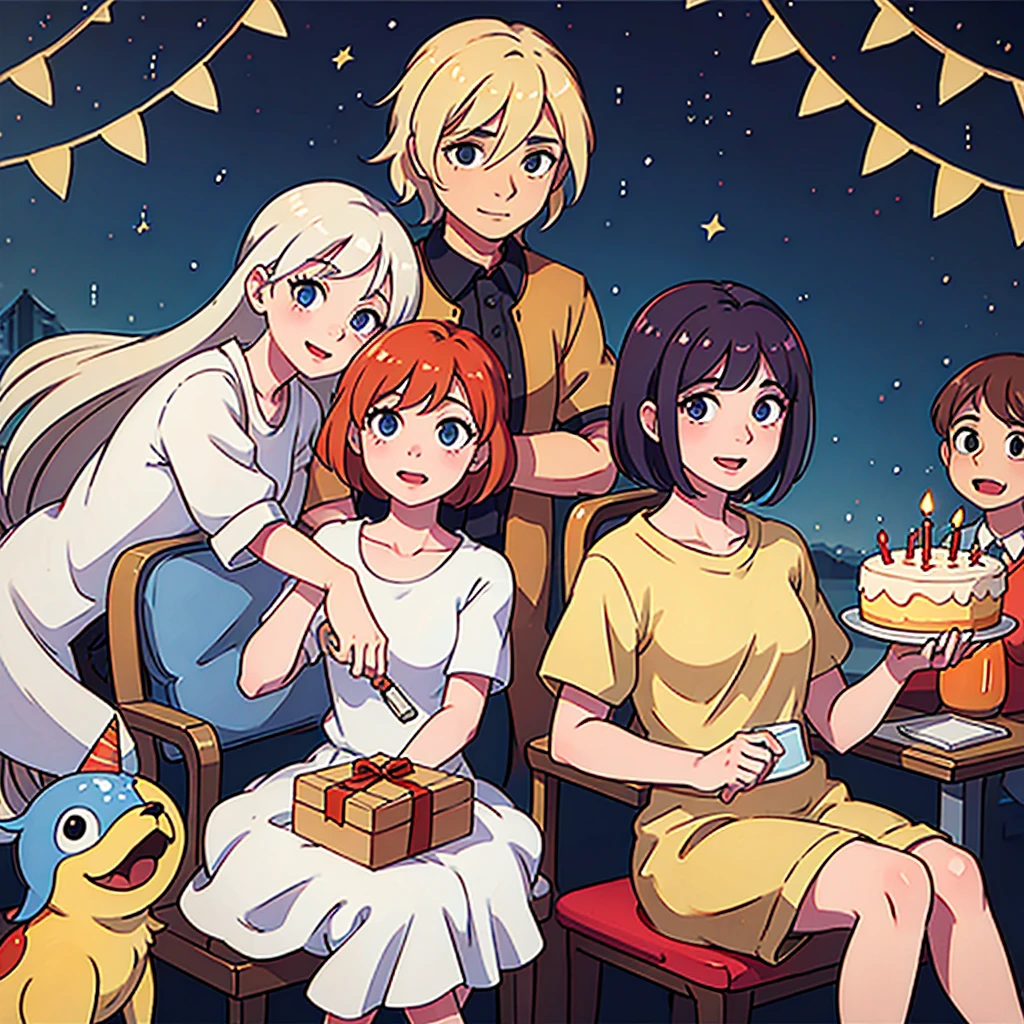 6 characters celebrating a birthday sitting