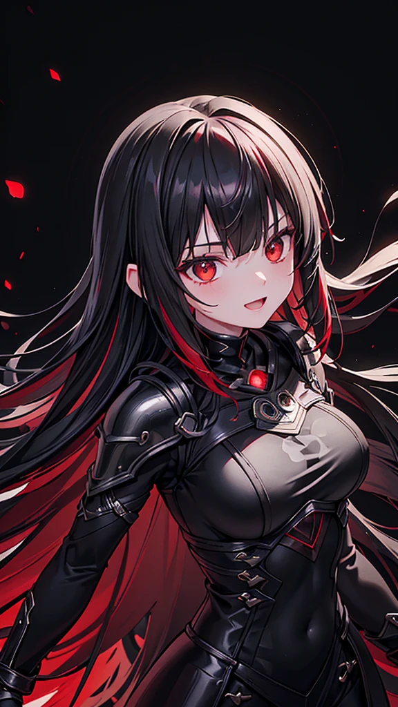 black background, red spotlight, ((lol: 1.2 + Galen: 1.3), realistic art style), HD, dynamic angle, (black hair: 1.2+ white hair: red hair: 1.2 ), long hair, real texture, fine details, green shiny metal armor with large black diamond on chest, summer, front light in the sun, sunset glow, mad ,ulblackholetech