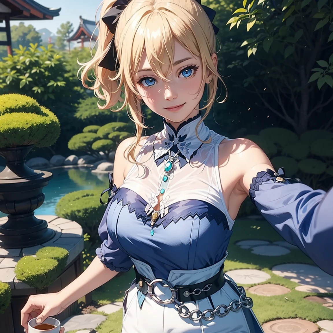 Masterpiece, high quality, 8k, ultra detailed, detailed face, standing, blush, bright blue eyes, exterior, (detail face), full body, jeanseabreeze, stand up, smile, (breast augmentation and emphasis on the neckline) blonde hair, semi-long hair, beautiful detailed girl, very detailed eyes and face. Beautiful attention to detail, smile, bright, clean, have your tea in a Japanese garden