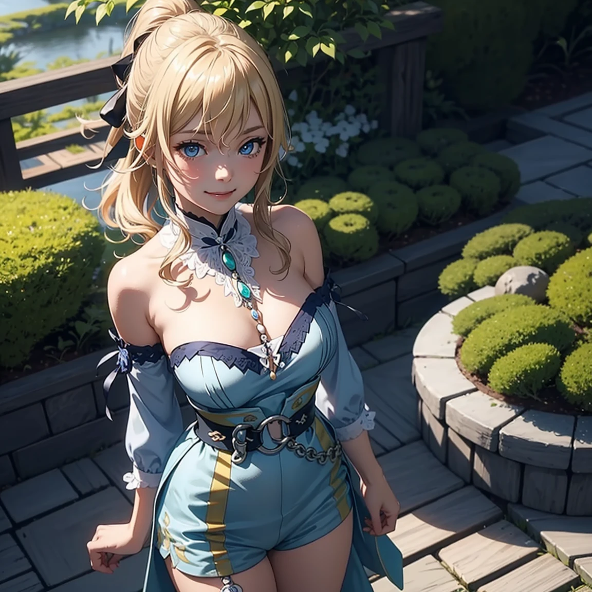 Masterpiece, high quality, 8k, ultra detailed, detailed face, standing, blush, bright blue eyes, exterior, (detail face), full body, jeanseabreeze, stand up, smile, (breast augmentation and emphasis on the neckline) blonde hair, semi-long hair, beautiful detailed girl, very detailed eyes and face. Beautiful attention to detail, smile, bright, clean, have your tea in a Japanese garden