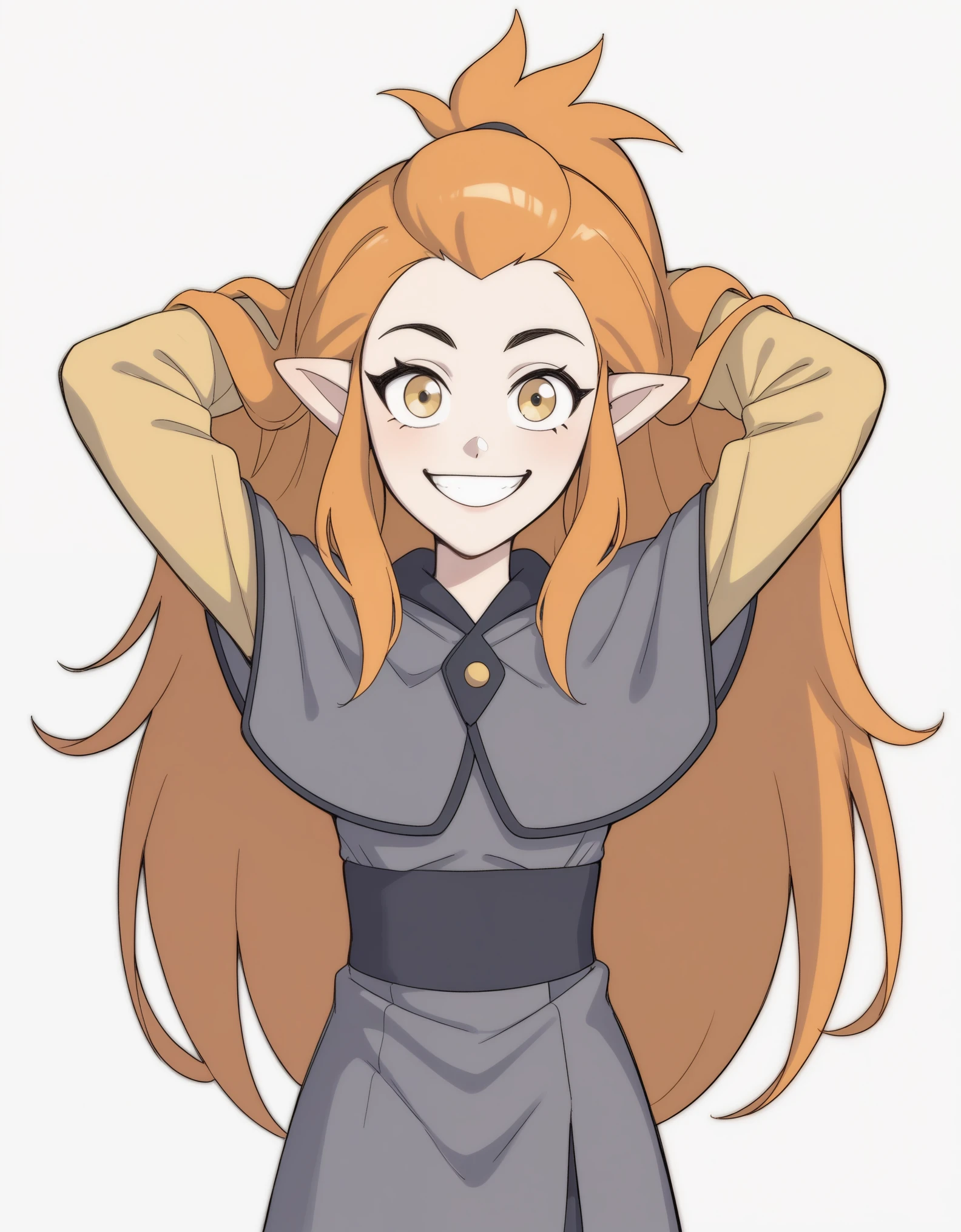 1girl, eda clawthorne, orange hair, long hair, yellow eyes, pointy ears, , capelet, grey skirt, yellow sleeves, yellow leggings, smile, looking at viewer, arms behind head, white background, grey shirt,