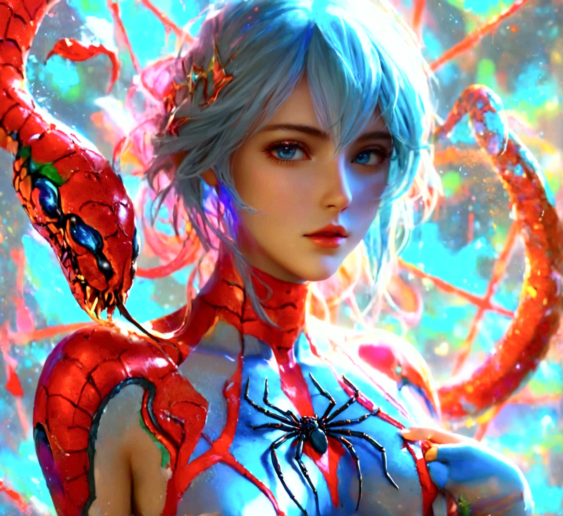 n the style of white spider, Aphrodite , (((naked  full body ))). Eros poses, blended with terracotta neon snake spider, of a photorealistic beautiful , heavenly beauty, Full body ,nicest poses Astral Escape! Splash art, portrait of Aphrodite, Goddess of love, StarCraft Inspired, epic, artstation, splash style of colorful paint, contour, hyperdetailed intricately detailed, fantasy, unreal engine, fantastical, intriguing. UHD, 8k